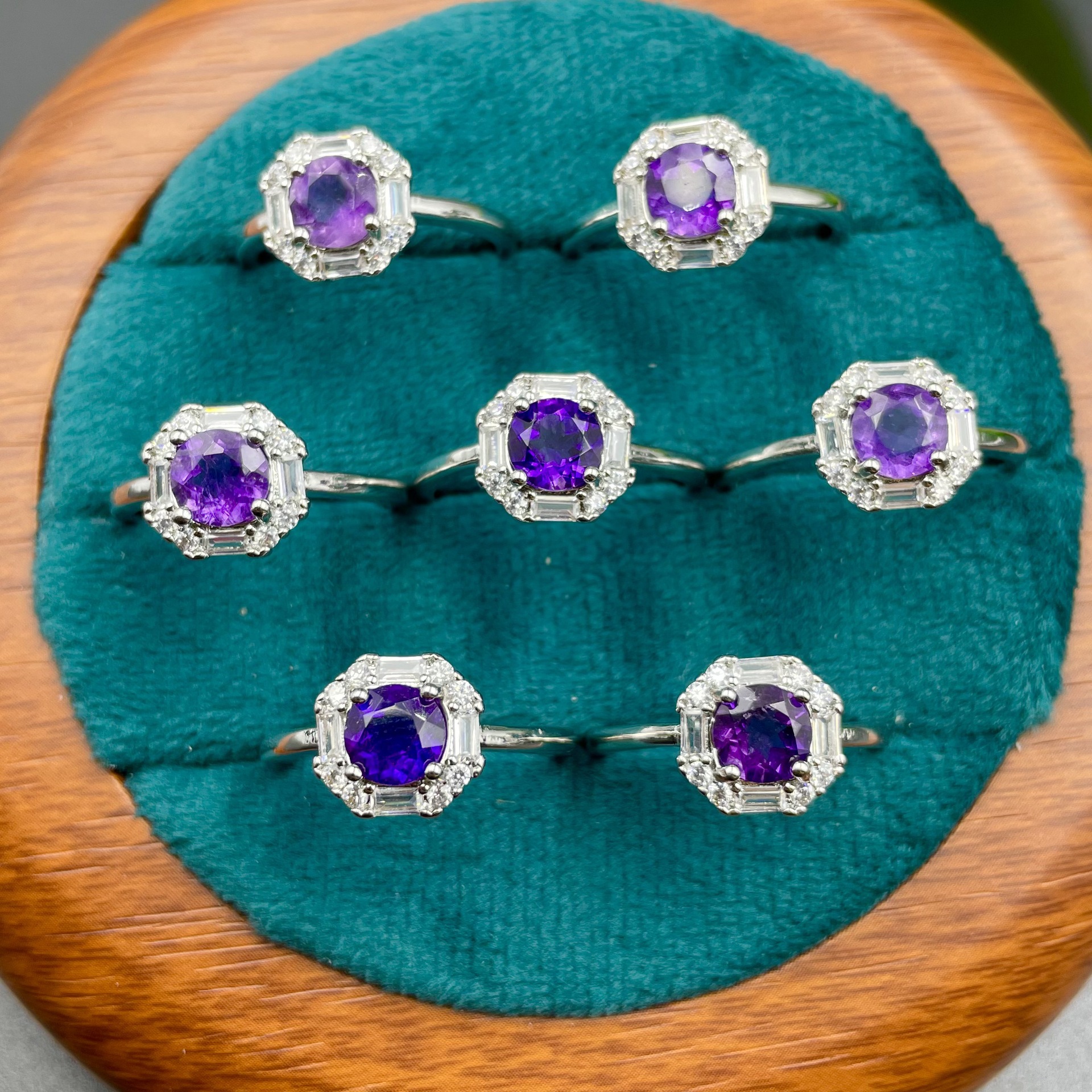 Round Natural Amethyst Halo Ring for Women, Copper Silver Plated Slim Band with 6MM Faceted Purple Gemstone, Baguette & Round Cubic Zirconia Octagonal Border Dainty Cocktail Stackable Jewelry Gift for Birthday Wedding Anniversary