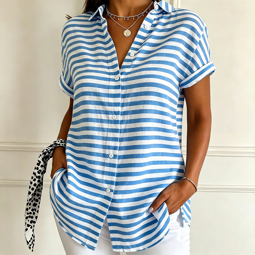 Women's Black and White Striped Button Down Shirt – Short Sleeve Casual Blouse, Lightweight Loose Fit Summer Top