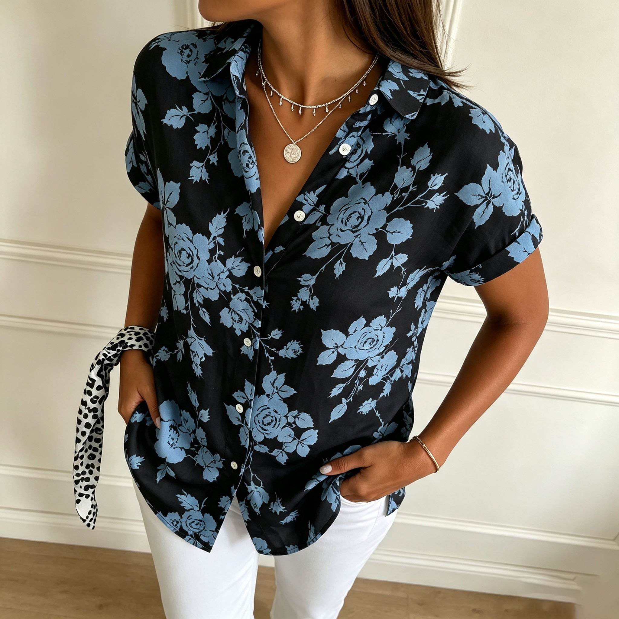 Women's Short Sleeve Button Down Shirt – Blue Floral Print Casual Blouse, Elegant Loose Fit Top with Lightweight Polyester Fabric
