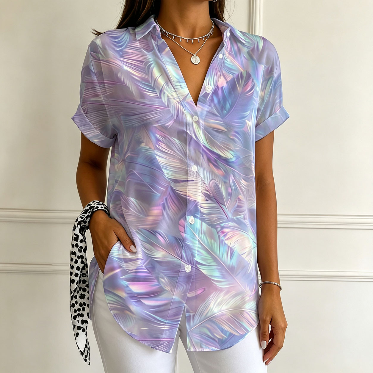 Women’s Short Sleeve Button Down Shirt Abstract Printed Blouse Casual Loose Fit Collared Tops Lightweight Summer Shirt for Women-gemscharms