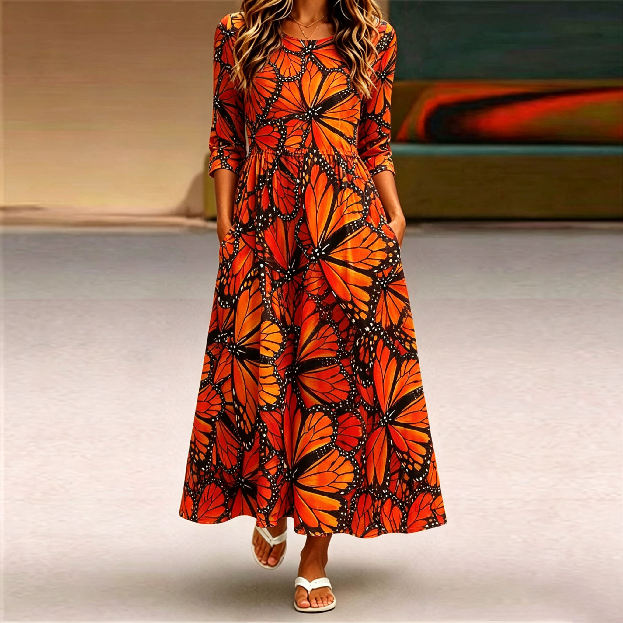 Women’s Butterfly Maxi Dress, Orange Monarch Butterfly Print Long Sleeve Dress, A-Line Swing Casual Dress with Pockets, Lightweight Polyester Boho Dress for Fall, Vacation, Party & Everyday Wear