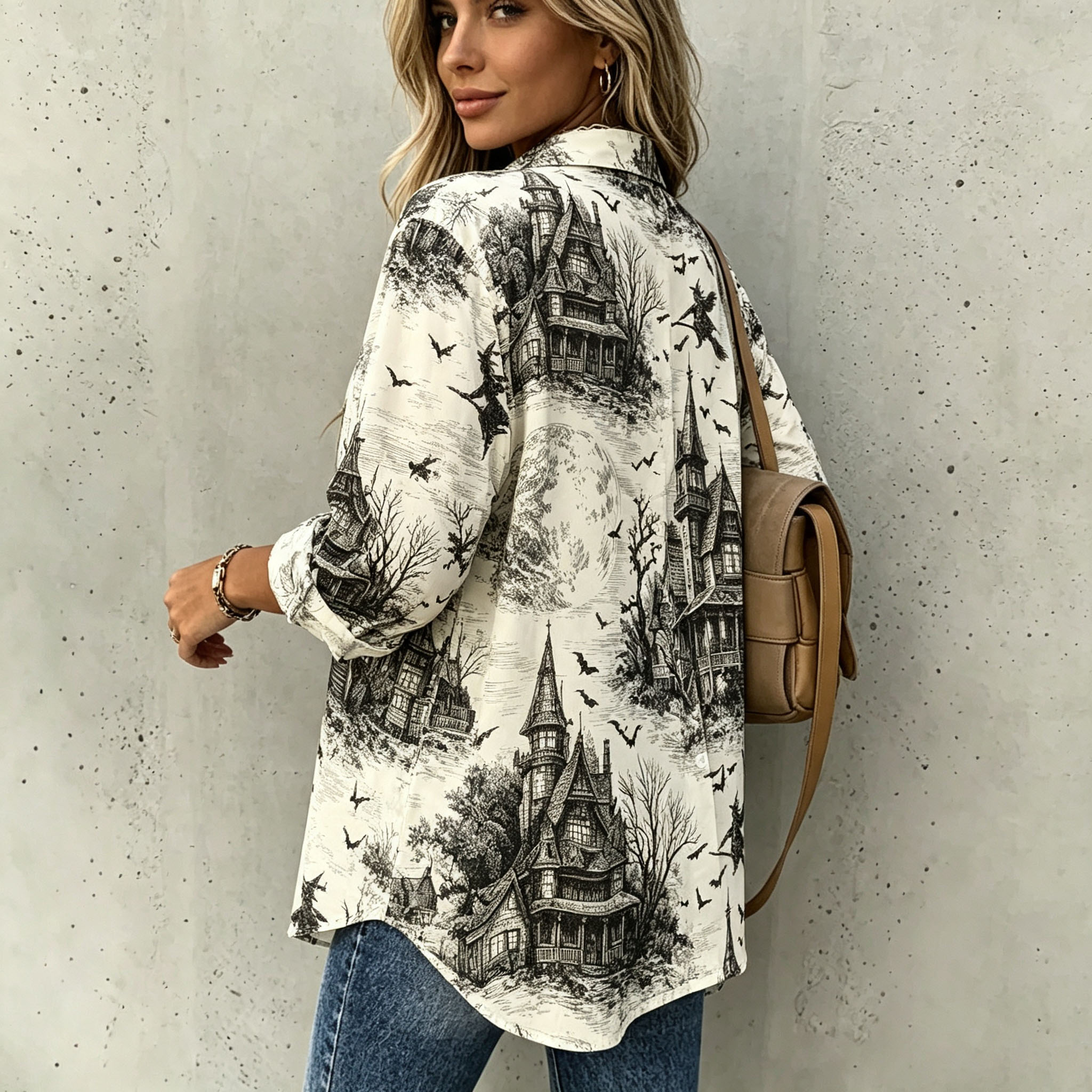 Women's Halloween Haunted House Print Button Down Shirt – Long Sleeve Gothic Blouse with Witch, Bat & Haunted Castle Design