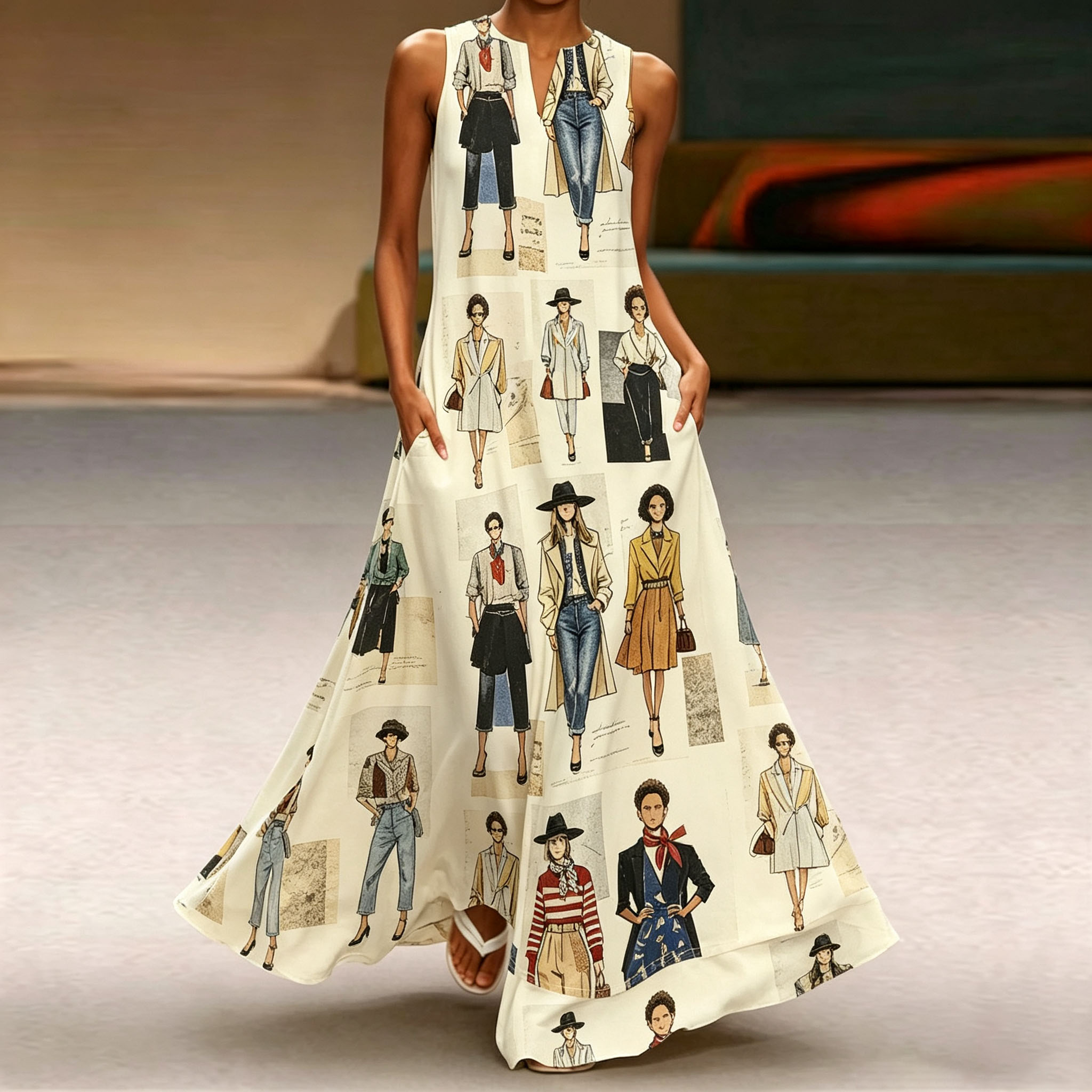 Women’s Fashion Illustration Print Sleeveless Dress, Casual Loose Fit Long Dress with Pockets, Vintage Artistic Pattern Summer Dress for Beach, Vacation and Everyday Wear