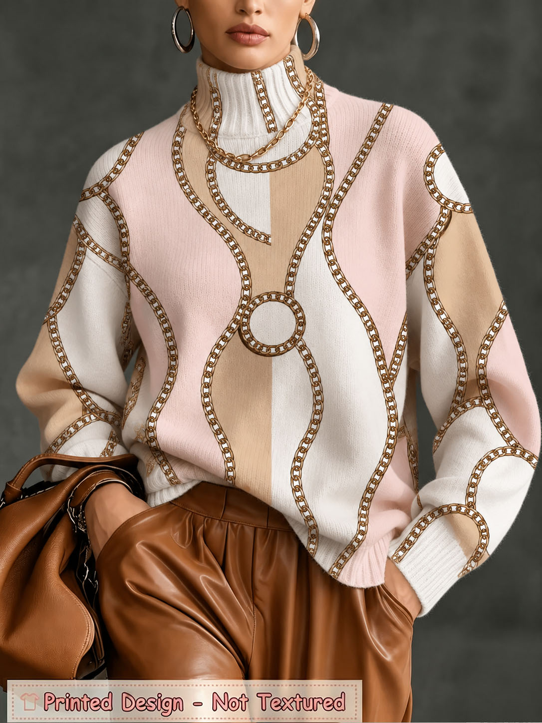 Women's Chain Print Turtleneck Sweater Long Sleeve Pullover Knit Top Elegant Loose Fit Casual Fall Winter Fashion Sweater