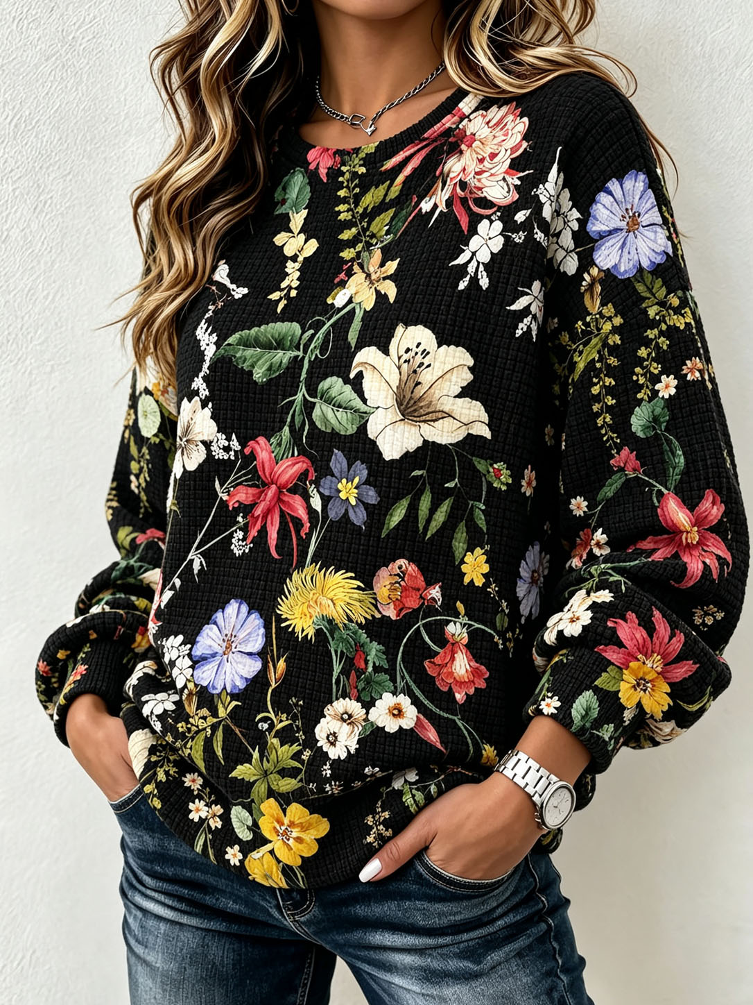 Women's Waffle Knit Crew Neck Sweatshirt, Vintage Botanical Floral Print Long Sleeve Loose Casual Pullover Tops