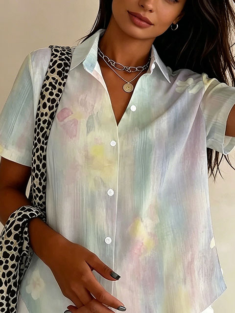Women’s Watercolor Floral Button-Up Shirt – Short Sleeve Casual Blouse