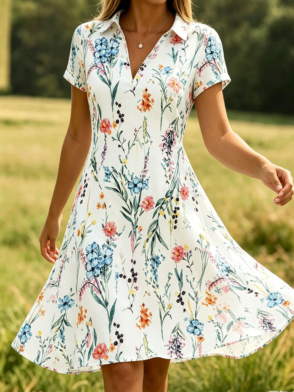 Women’s Floral Print V-Neck Summer Dress – Short Sleeve A-Line Casual Midi Dress, Lightweight Polyester, Pullover Design