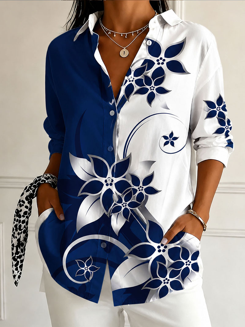 Women's Floral Print Button Down Shirt – Elegant Casual Loose Fit Blouse with Soft Polyester Fabric