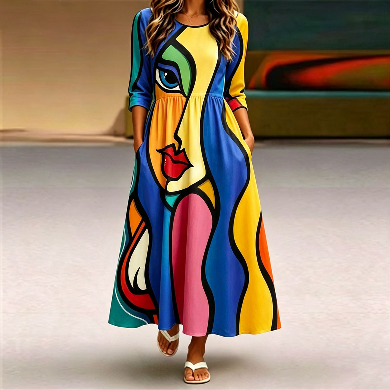 Women's Abstract Face Print Maxi Dress – Colorful Artistic A-Line Dress with Pockets, Long Sleeve Casual Loose Fit Dress
