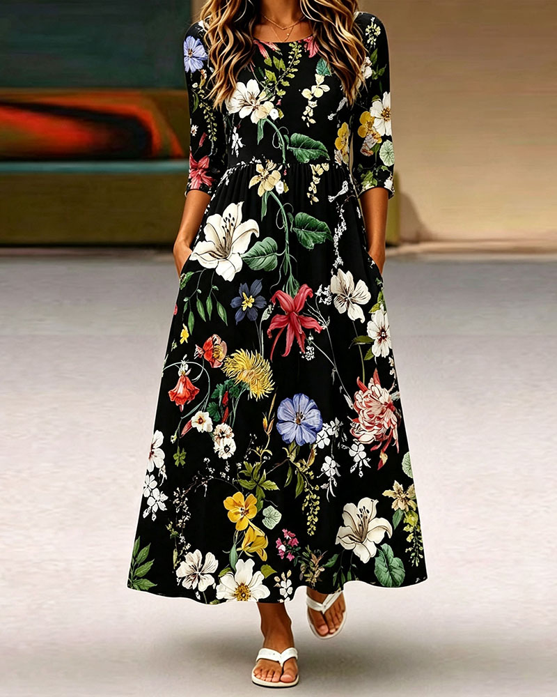 Women's Floral Maxi Dress A Line Dress with Pockets Elegant Black Flower Print Long Dress Casual Summer Spring Dresses for Women
