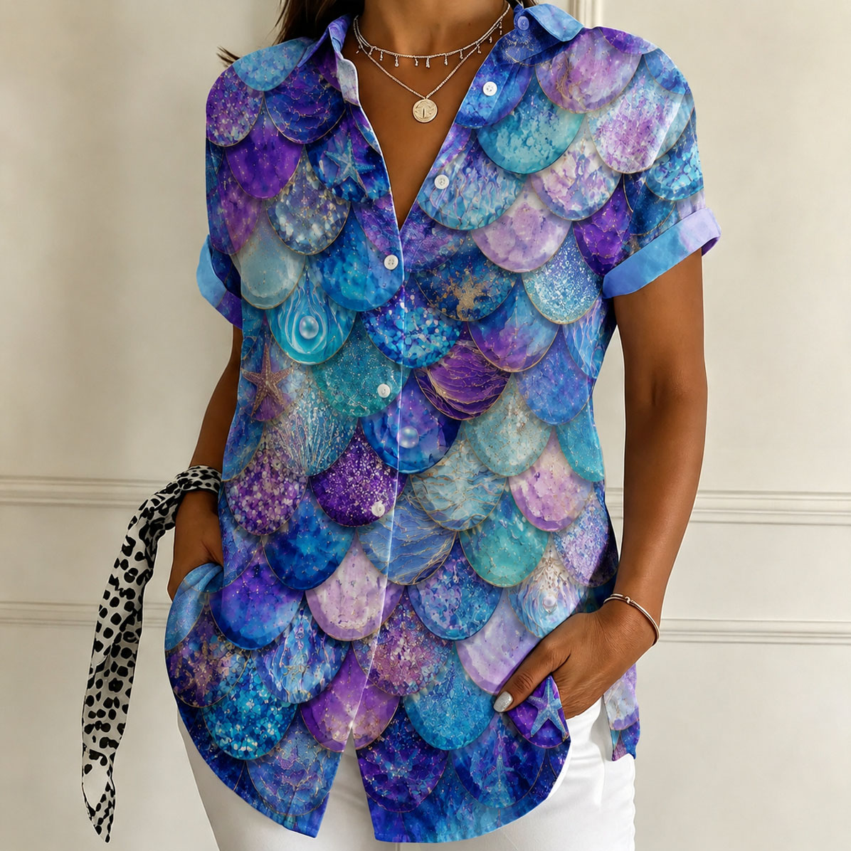 Women’s Mermaid Scale Print Button Down Shirt – Iridescent Ocean Inspired Short Sleeve Blouse, Lightweight Casual Summer Top