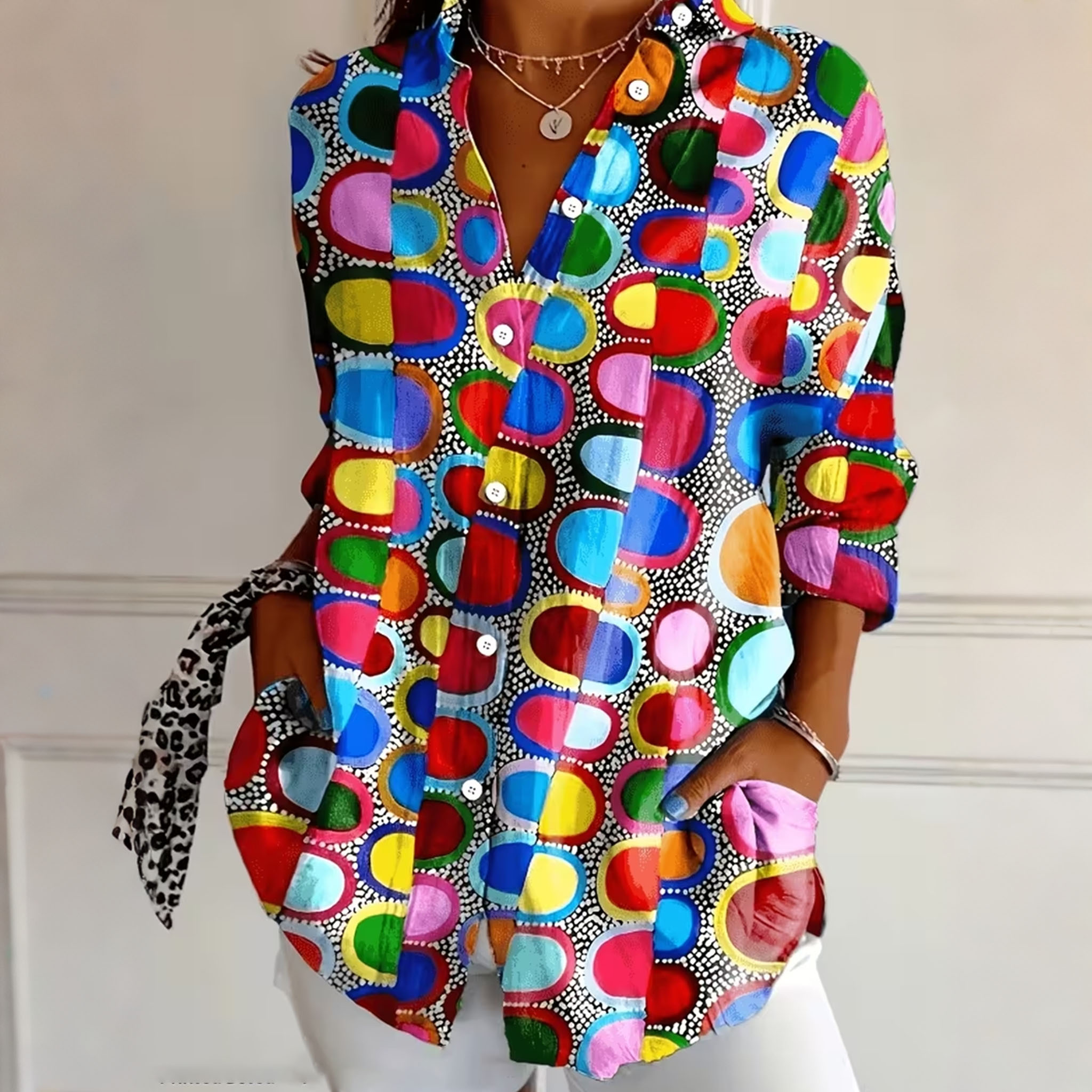 Women’s Colorful Abstract Print Button Down Shirt Short Sleeve Blouse Casual Loose Fit Top Lightweight Artistic Vacation Shirt