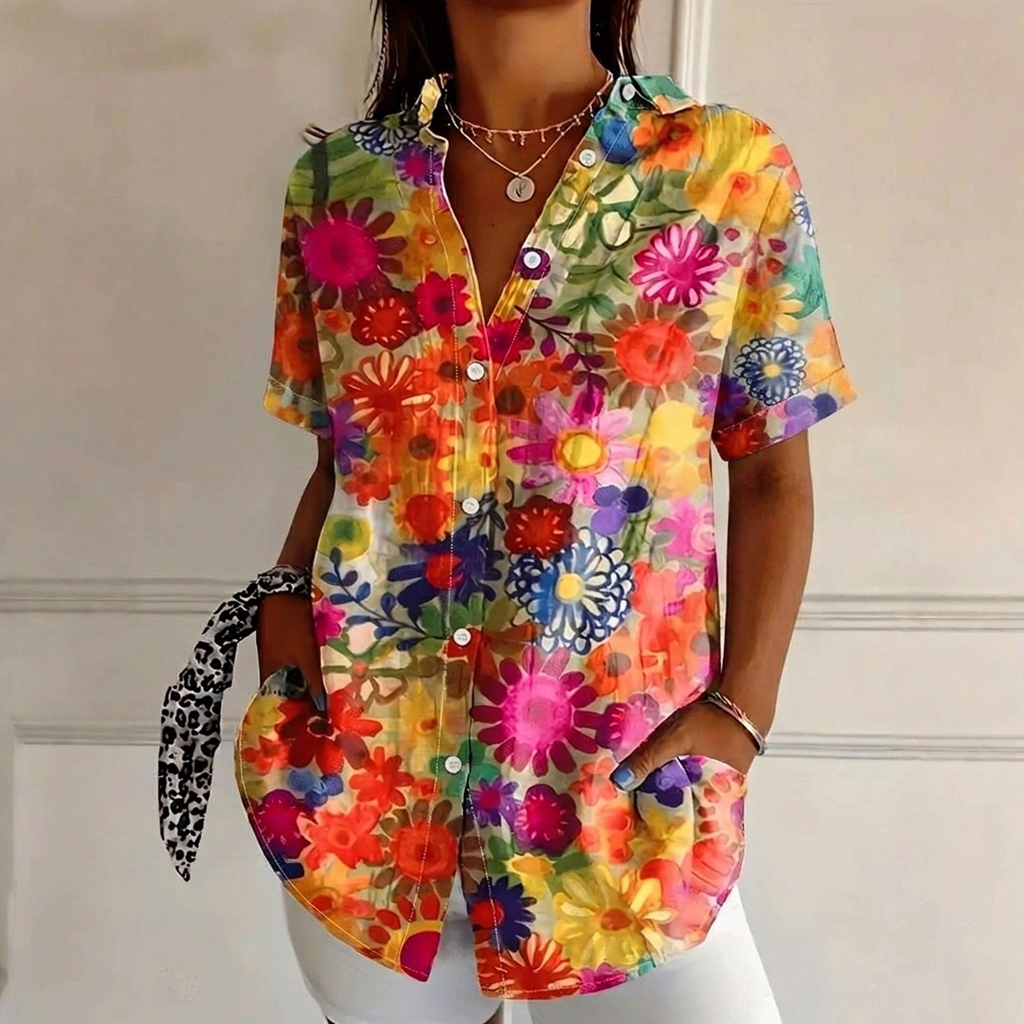 Women's Colorful Floral Print Short Sleeve Button Down Shirt – Lightweight Polyester Casual Blouse, Vacation Beach Top