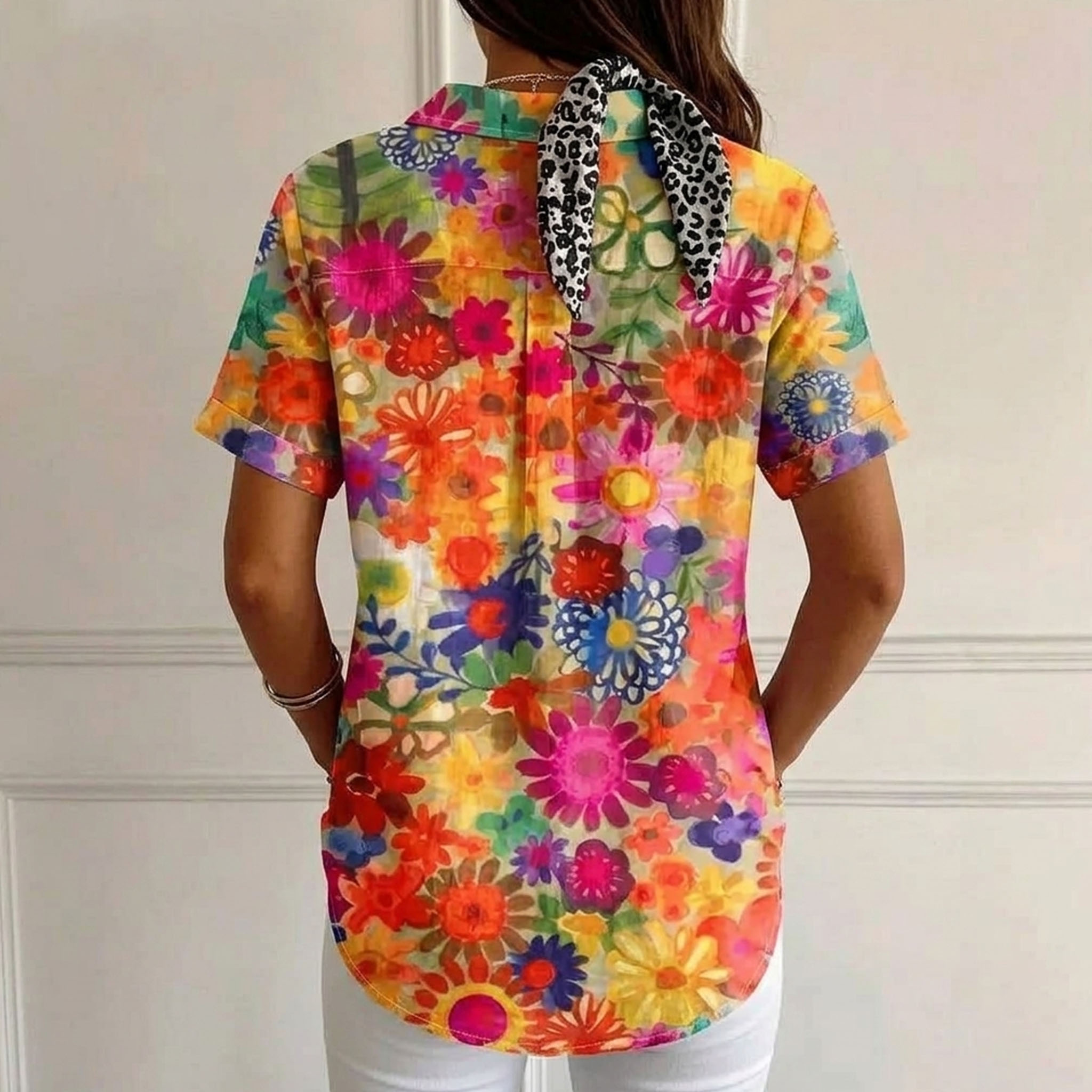 Women's Colorful Floral Print Short Sleeve Button Down Shirt – Lightweight Polyester Casual Blouse, Vacation Beach Top