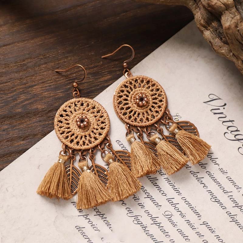 Boho Handmade Crochet Circle Tassel Dangle Earrings, Antique Copper Hollow Leaf Fringe Drop Earrings, Vintage Ethnic Bohemian Statement Jewelry for Women, Festival Beach Costume Accessory Gift