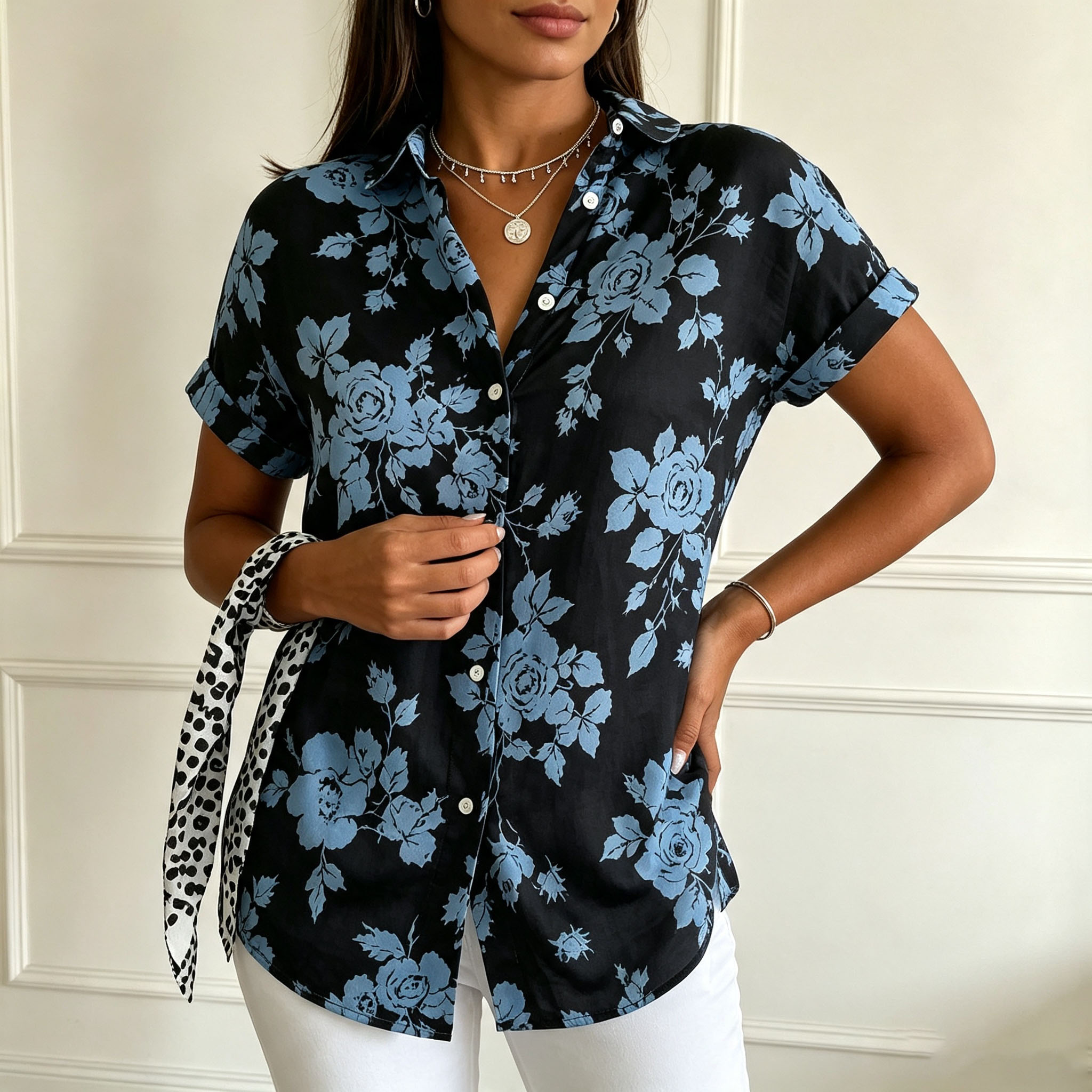 Women's Short Sleeve Button Down Shirt – Blue Floral Print Casual Blouse, Elegant Loose Fit Top with Lightweight Polyester Fabric
