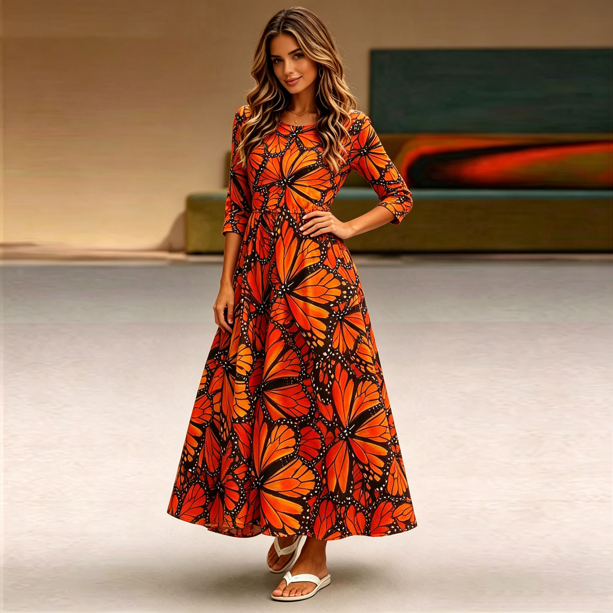 Women’s Butterfly Maxi Dress, Orange Monarch Butterfly Print Long Sleeve Dress, A-Line Swing Casual Dress with Pockets, Lightweight Polyester Boho Dress for Fall, Vacation, Party & Everyday Wear