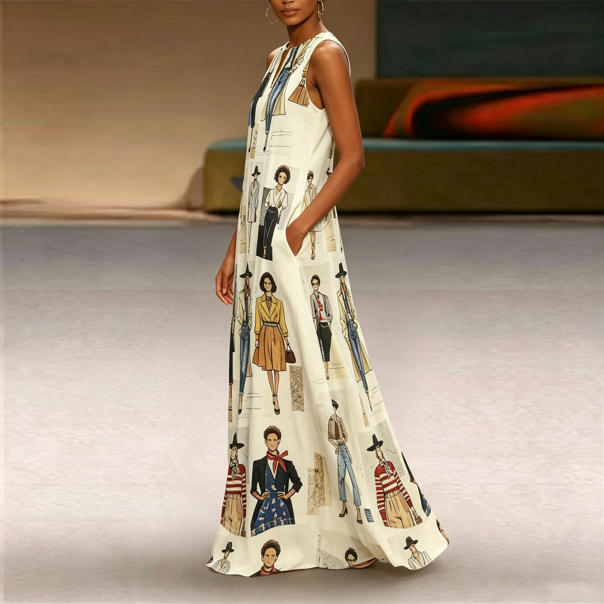 Women’s Fashion Illustration Print Sleeveless Dress, Casual Loose Fit Long Dress with Pockets, Vintage Artistic Pattern Summer Dress for Beach, Vacation and Everyday Wear