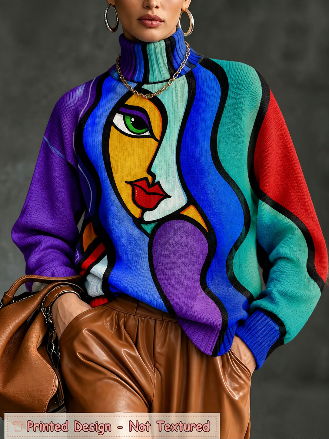 Women's Colorful Printed Turtleneck Sweater Long Sleeve Loose Fit Pullover Knit Top Casual Fashion Warm Soft Sweater for Fall Winter