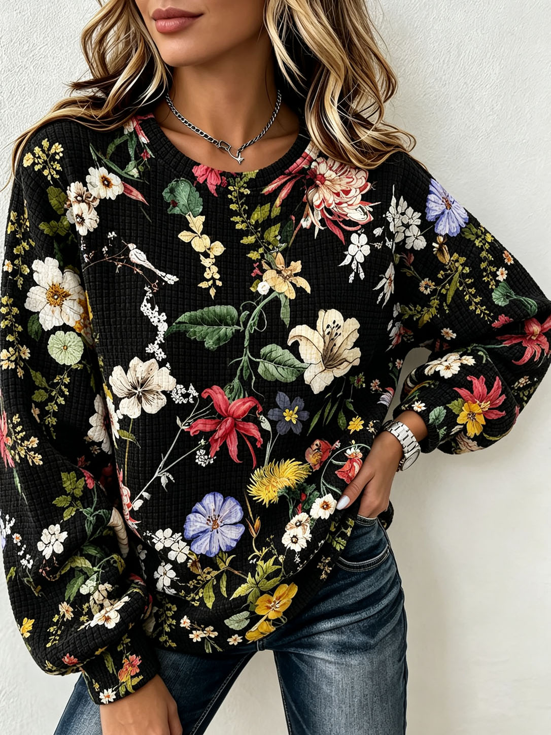 Women's Waffle Knit Crew Neck Sweatshirt, Vintage Botanical Floral Print Long Sleeve Loose Casual Pullover Tops