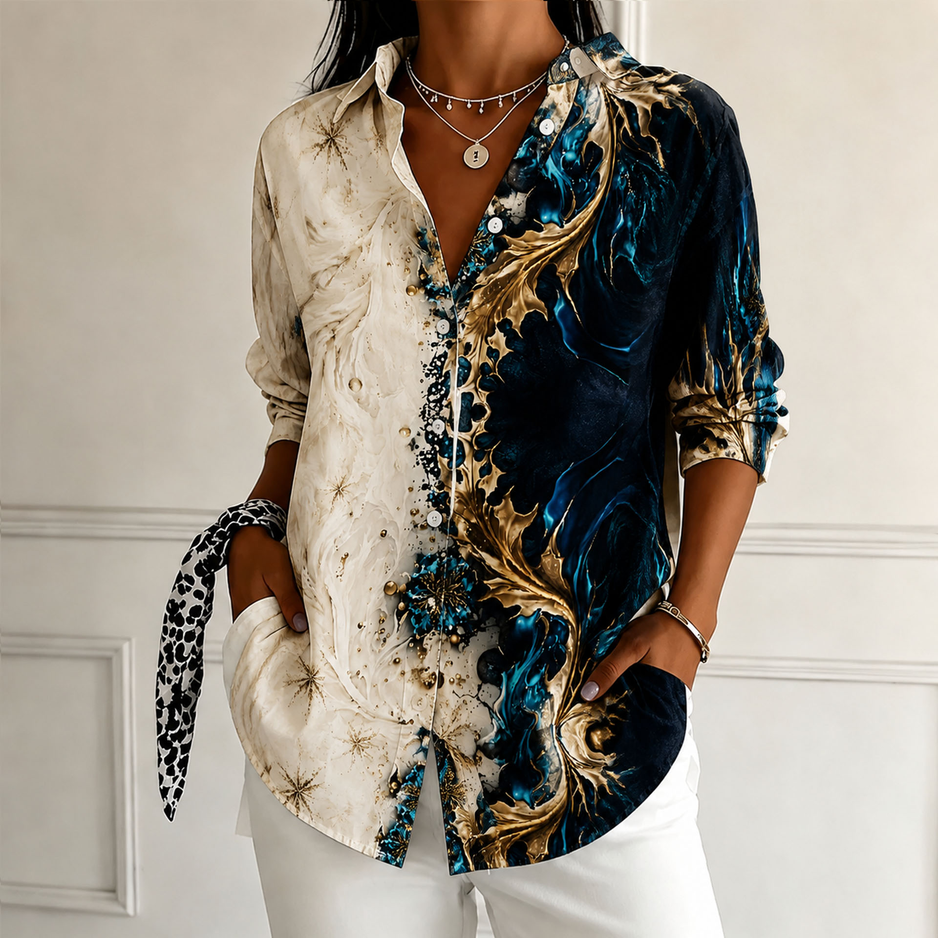 Women's Abstract Print Button Down Shirt Casual Loose Fit Blouse Long Sleeve Collared Top Lightweight Polyester Shirt for Work Vacation