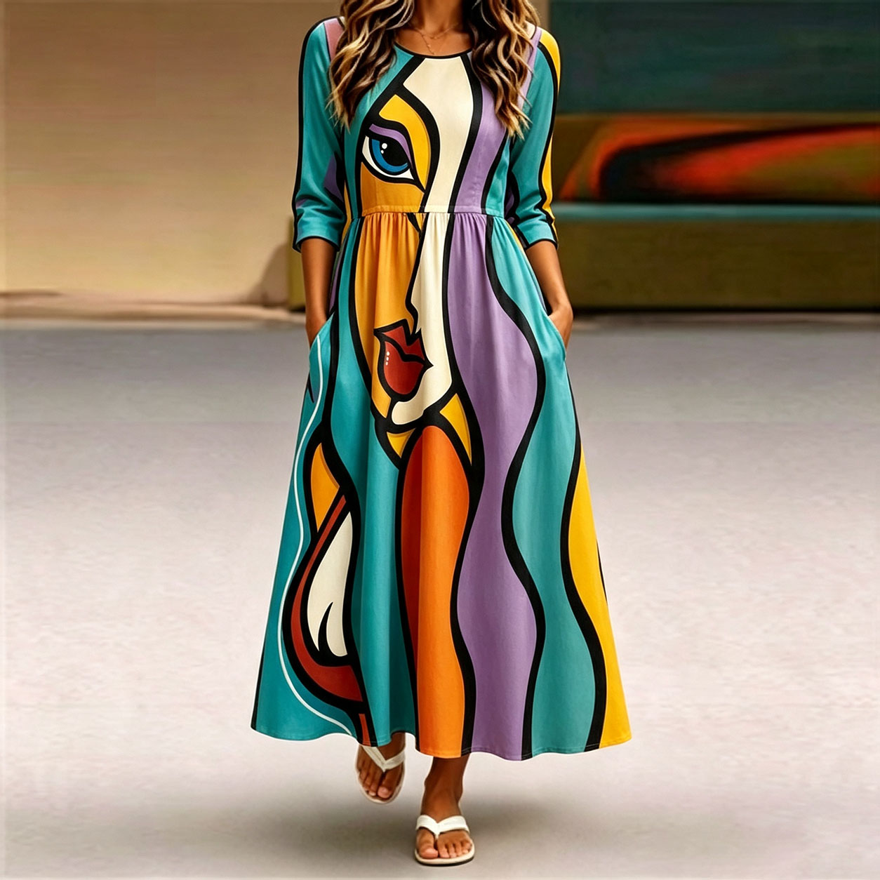 Women's Abstract Face Print Maxi Dress – Colorful Artistic A-Line Dress with Pockets, Long Sleeve Casual Loose Fit Dress