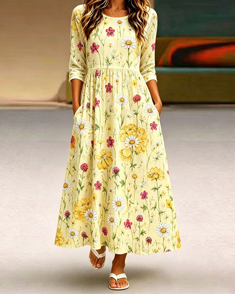 Women's Floral Maxi Dress  A Line Dress with Pockets Casual Long Dress Yellow Flower Print Summer Spring Dresses for Women