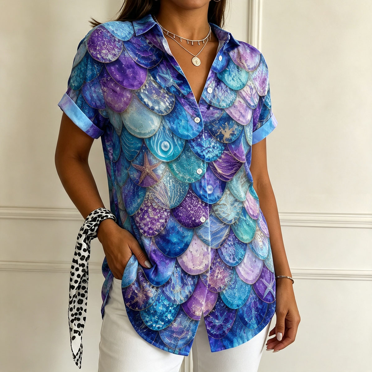 Women’s Mermaid Scale Print Button Down Shirt – Iridescent Ocean Inspired Short Sleeve Blouse, Lightweight Casual Summer Top
