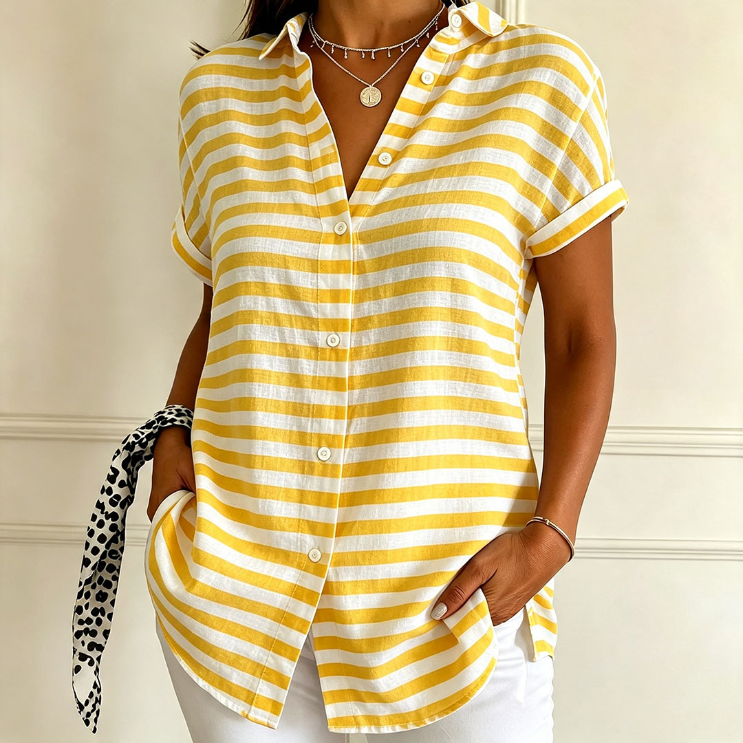 Women's Black and White Striped Button Down Shirt – Short Sleeve Casual Blouse, Lightweight Loose Fit Summer Top