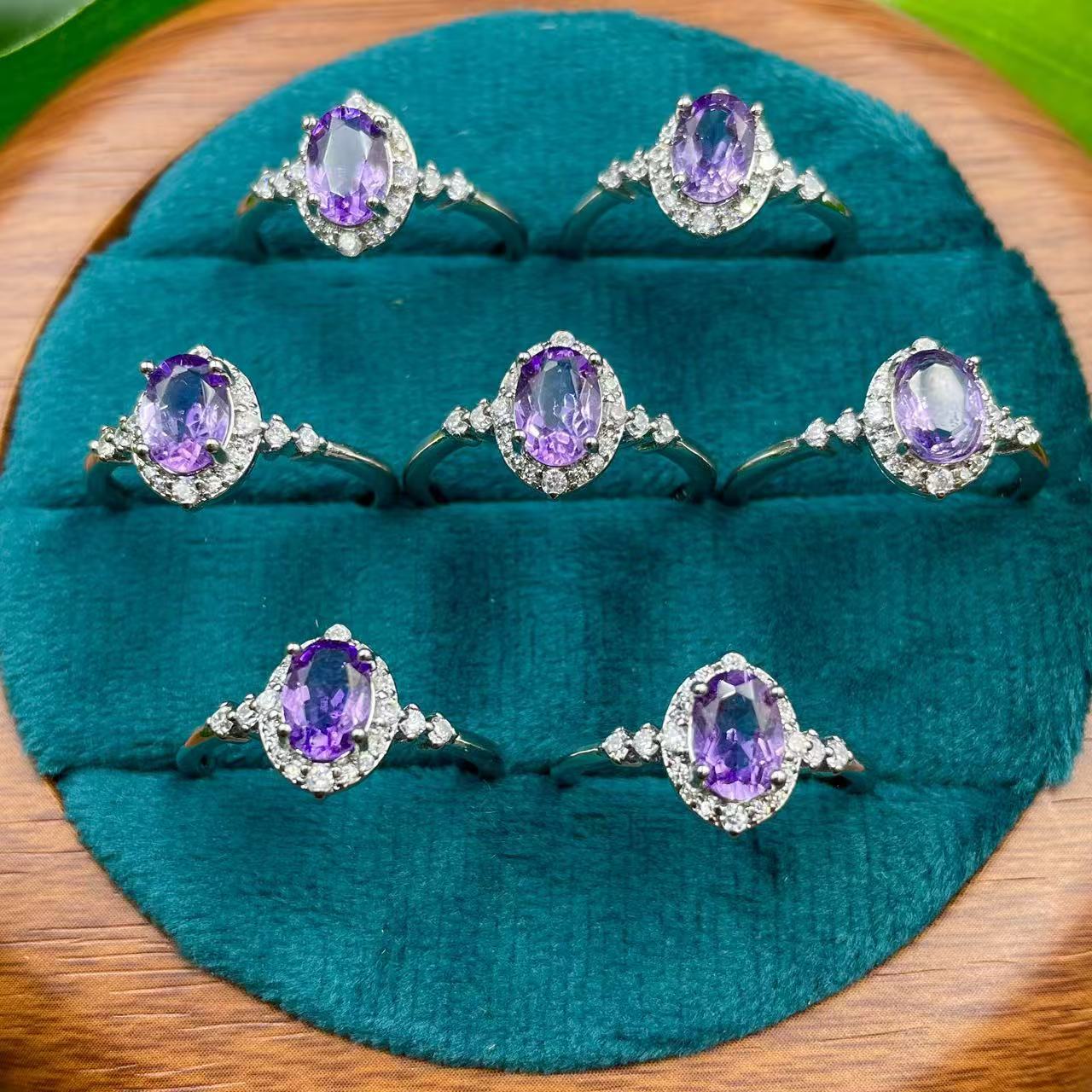 Oval Natural Amethyst Halo Ring for Women, Copper Silver Plated Slim Band with 6MM Faceted Purple Gemstone, Side Accent Cubic Zirconia Minimalist Stackable Jewelry Gift for Birthday Wedding Anniversary