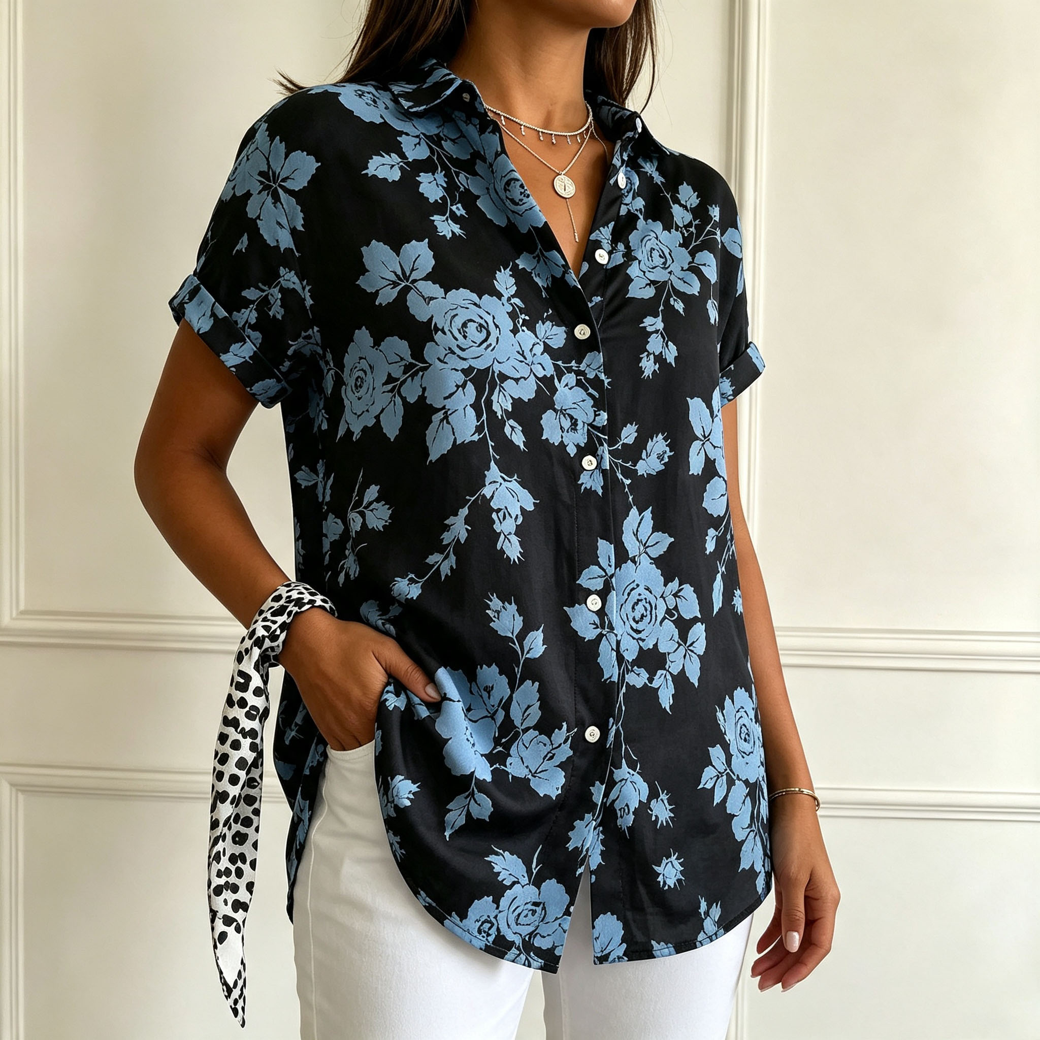 Women's Short Sleeve Button Down Shirt – Blue Floral Print Casual Blouse, Elegant Loose Fit Top with Lightweight Polyester Fabric