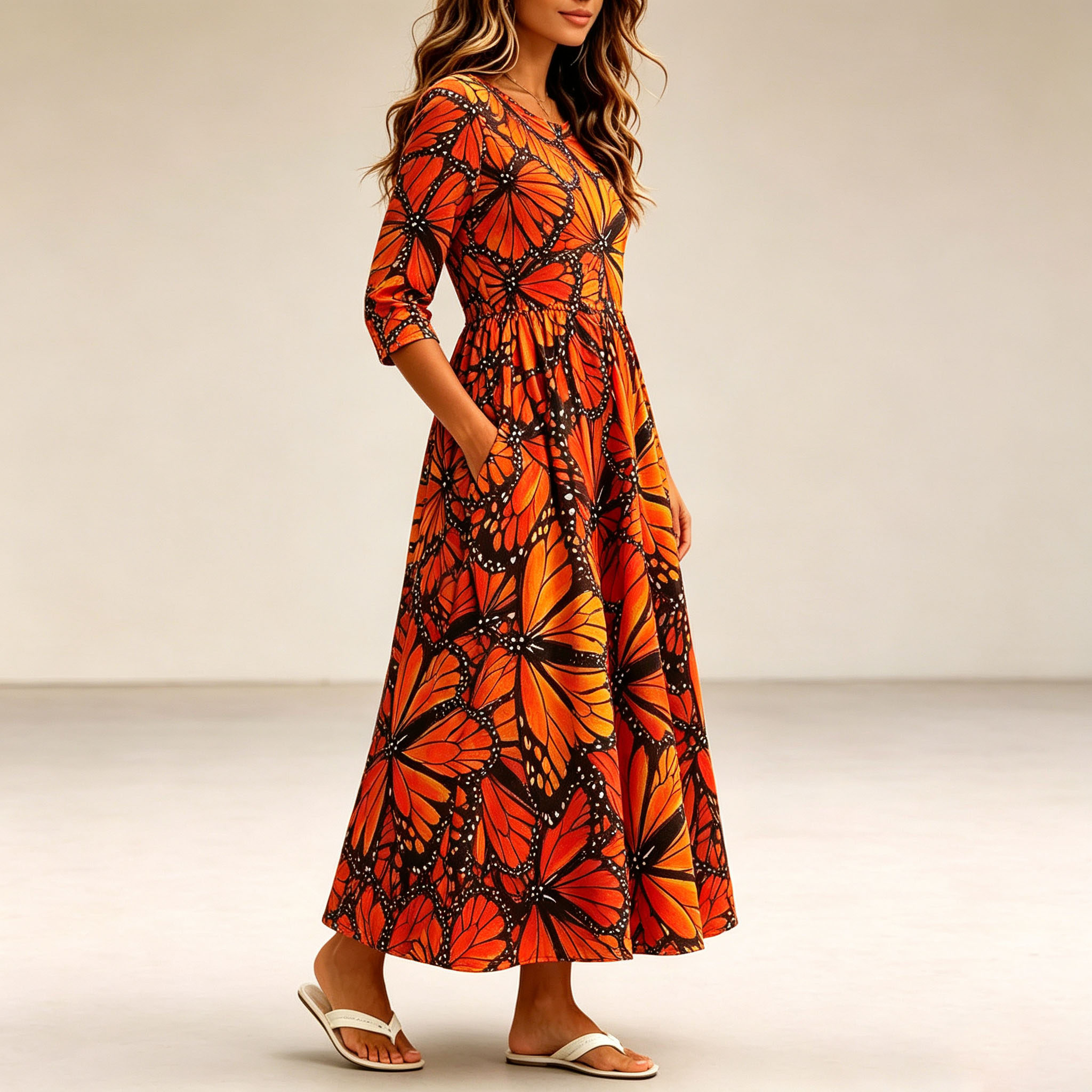 Women’s Butterfly Maxi Dress, Orange Monarch Butterfly Print Long Sleeve Dress, A-Line Swing Casual Dress with Pockets, Lightweight Polyester Boho Dress for Fall, Vacation, Party & Everyday Wear