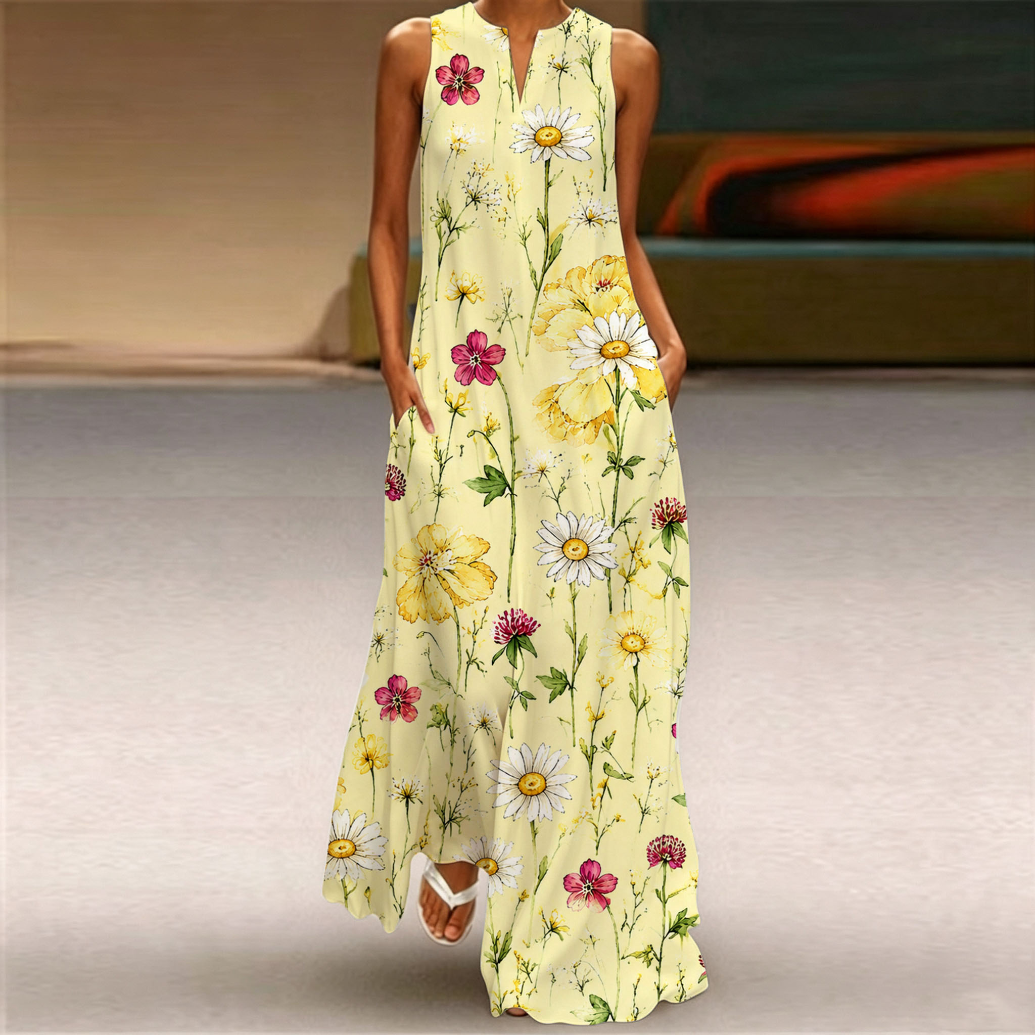 Women Sleeveless Notch V‑Neck Maxi Dress, Casual Loose‑Fit Watercolor Wildflower Print Flowy Long Summer Dress With Side Pockets