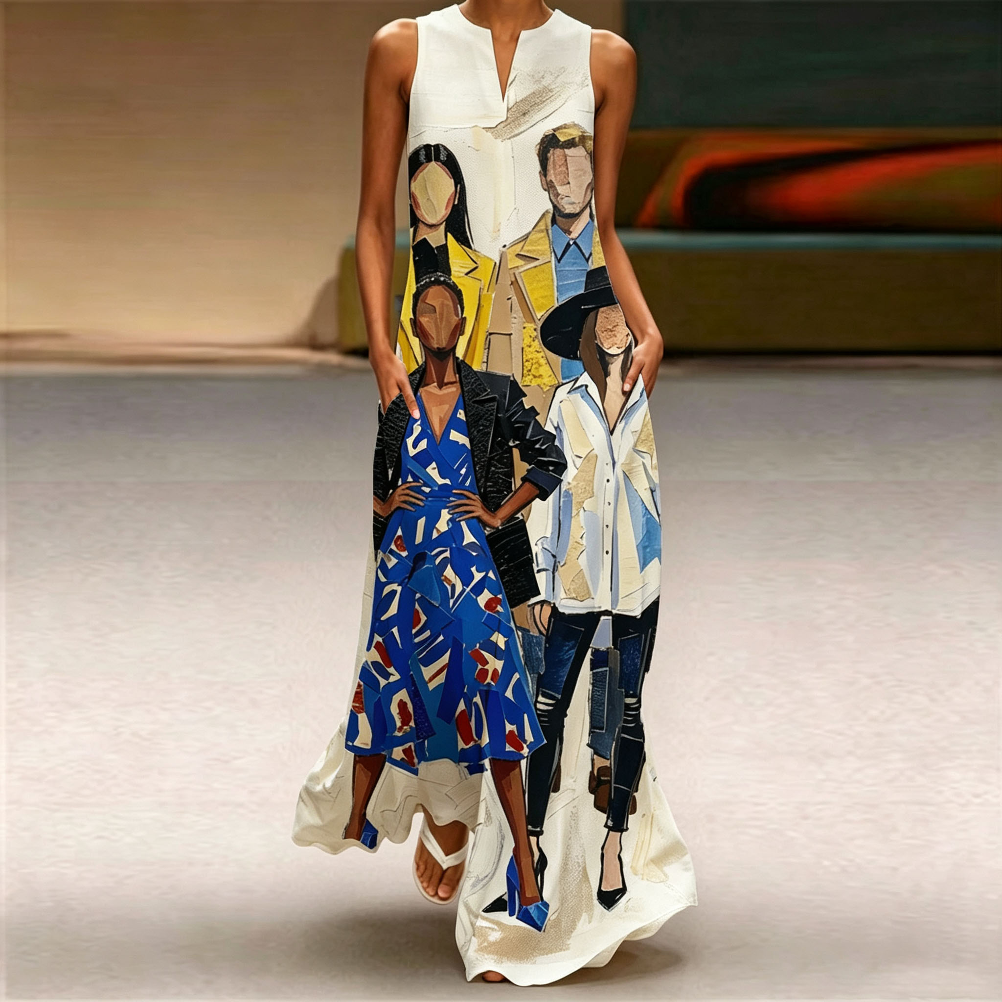 Women’s Abstract Fashion Figure Print Maxi Dress, Sleeveless Loose Fit Long Dress with Pockets, Artistic Casual Summer Dress for Beach Vacation, Travel and Everyday Wear