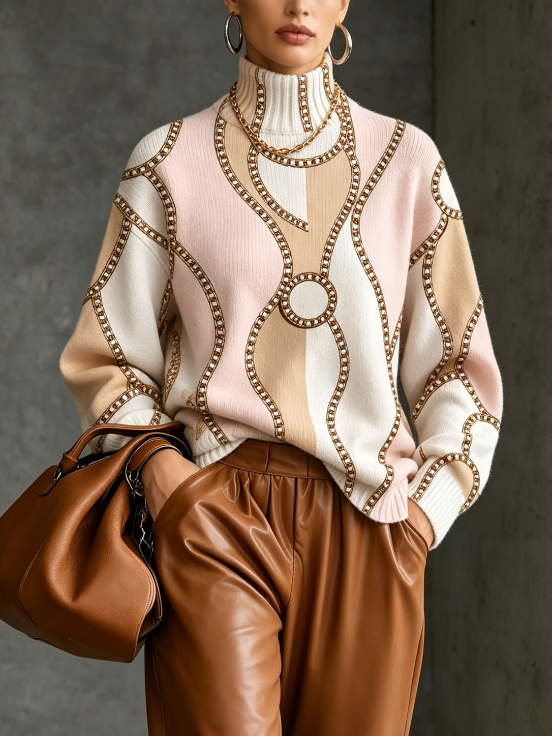 Women's Chain Print Turtleneck Sweater Long Sleeve Pullover Knit Top Elegant Loose Fit Casual Fall Winter Fashion Sweater