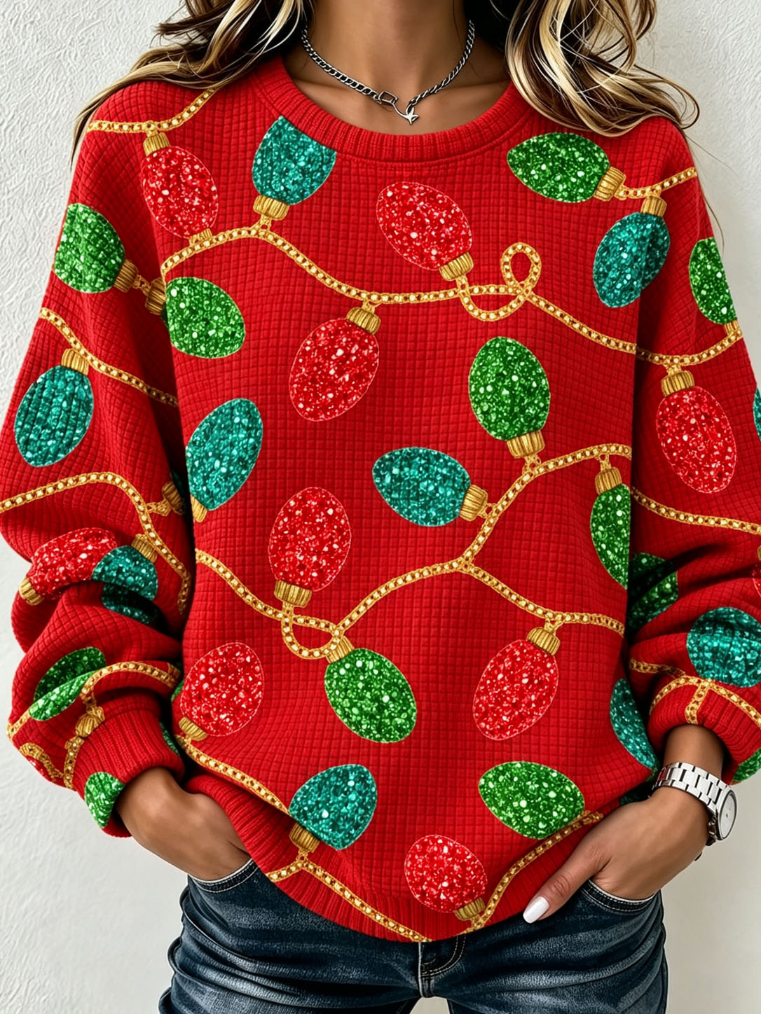 Women's Waffle Knit Crew Neck Sweatshirt, Christmas Light Bulb Print Long Sleeve Loose Casual Pullover Tops  >