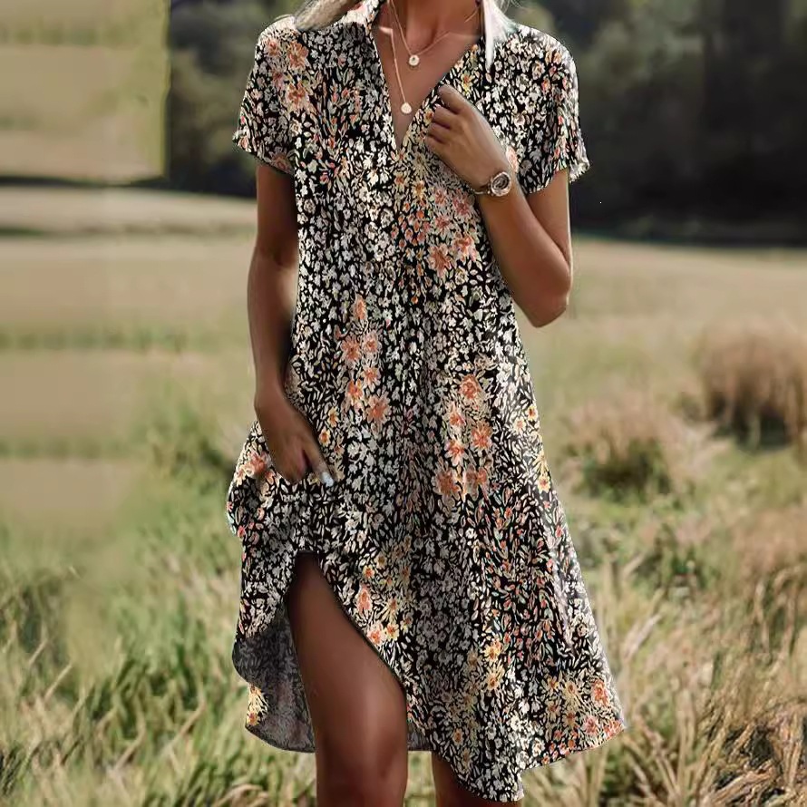 Women’s Floral Print V-Neck Summer Dress – Short Sleeve A-Line Casual Midi Dress, Lightweight Polyester, Pullover Design