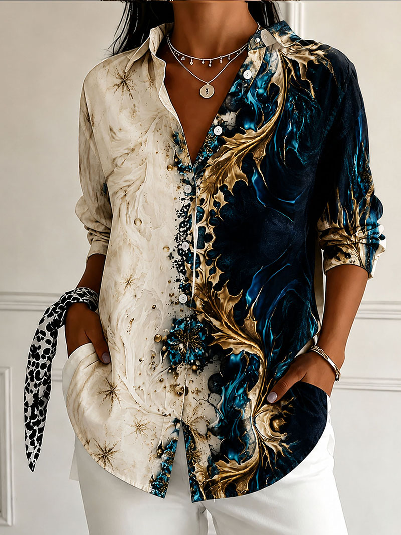 Women's Abstract Print Button Down Shirt Casual Loose Fit Blouse Long Sleeve Collared Top Lightweight Polyester Shirt for Work Vacation