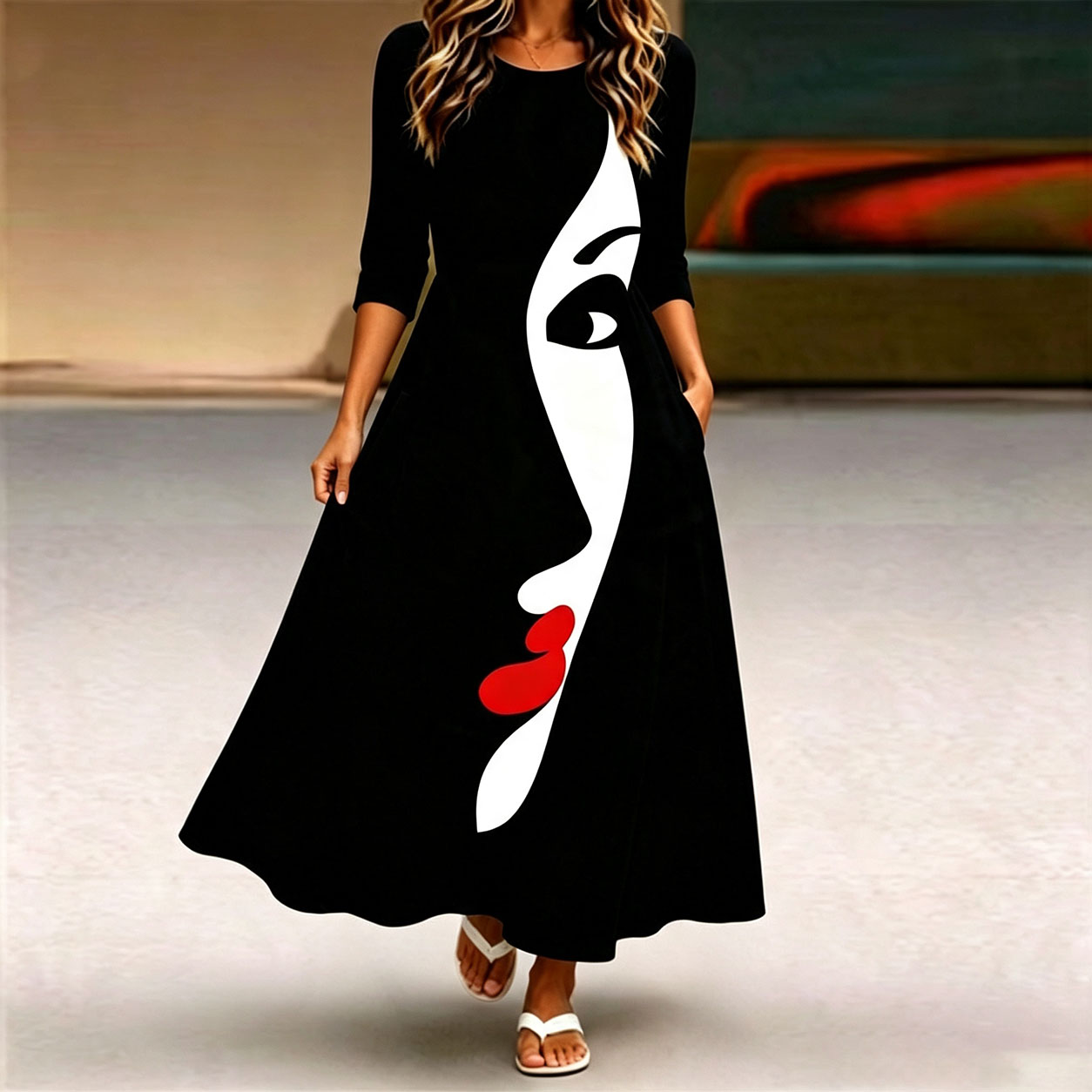 Women's Abstract Face Print Midi Dress – Elegant Long Sleeve Casual A-Line Dress with Pockets