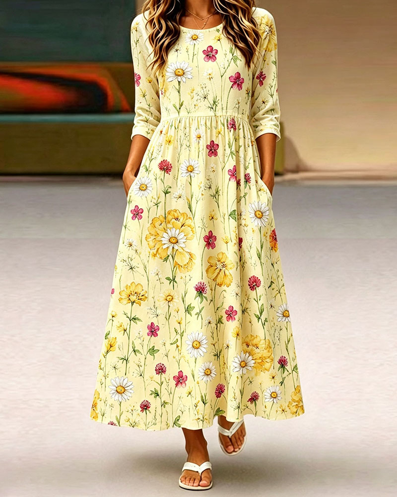 Women's Floral Maxi Dress  A Line Dress with Pockets Casual Long Dress Yellow Flower Print Summer Spring Dresses for Women