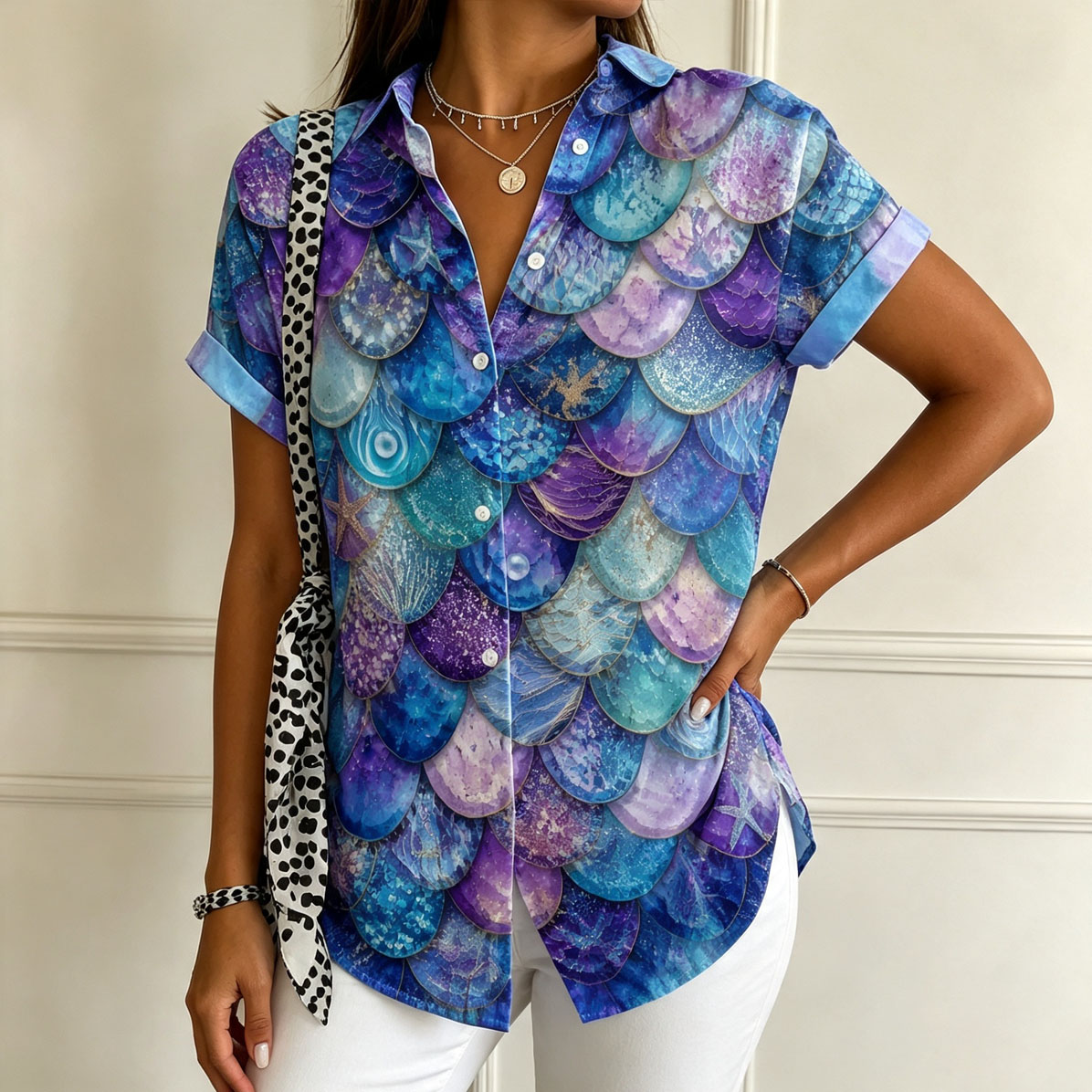 Women’s Mermaid Scale Print Button Down Shirt – Iridescent Ocean Inspired Short Sleeve Blouse, Lightweight Casual Summer Top