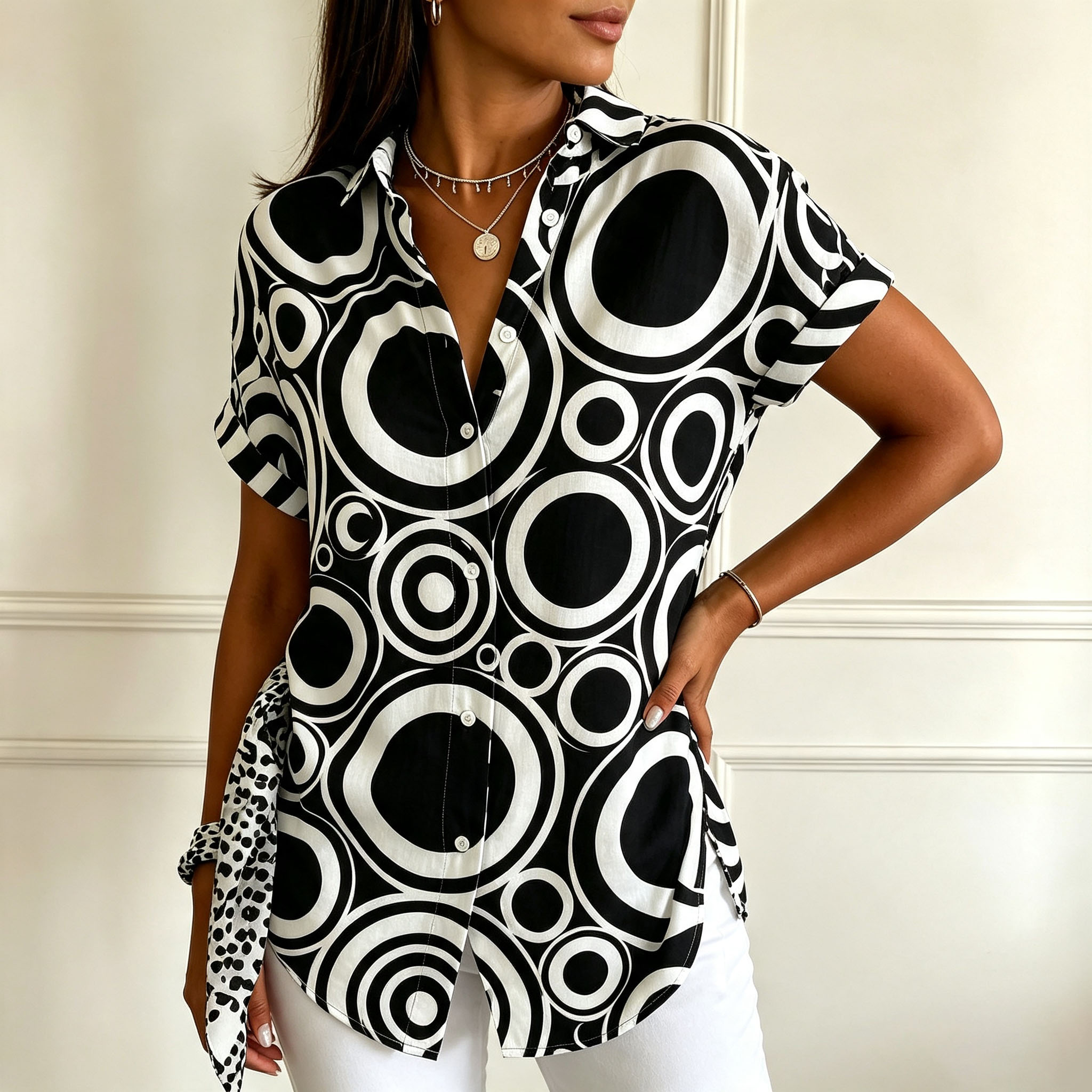 Women’s Abstract Geometric Print Button Down Shirt, Short Sleeve Casual Blouse, Black White Artistic Circle Pattern Loose Fit Summer Top