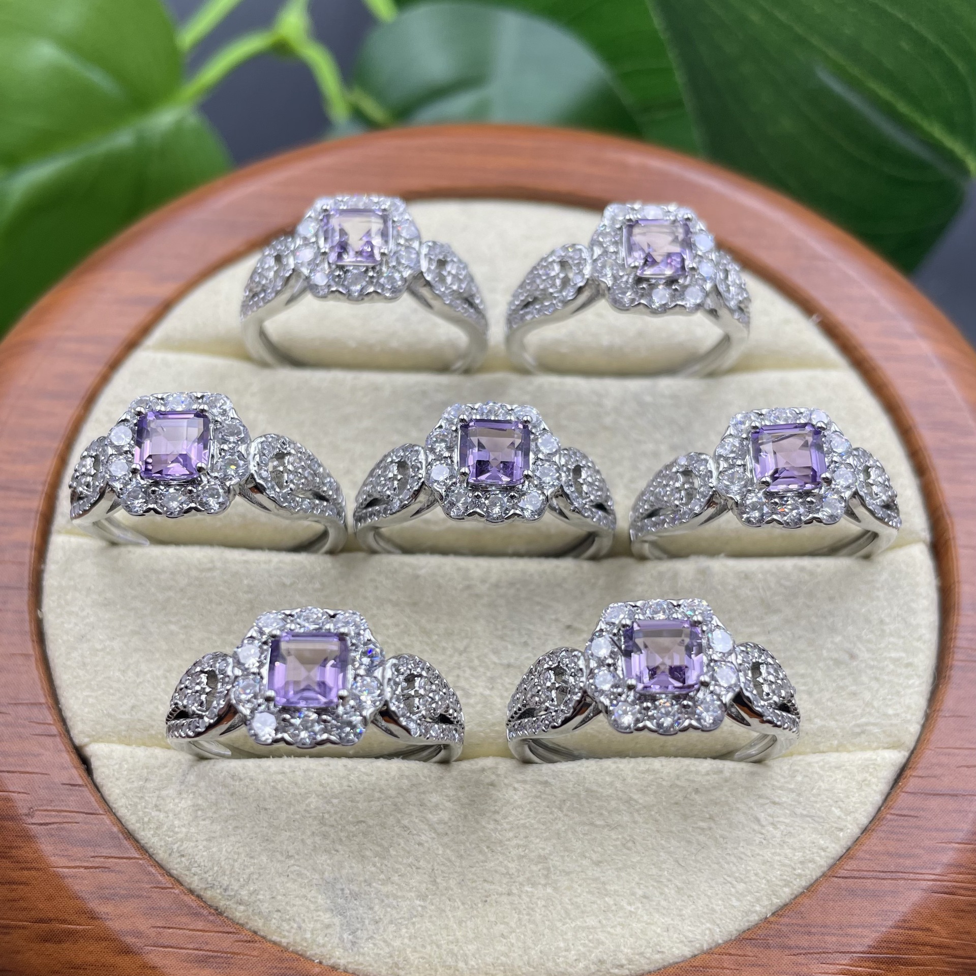 Square Natural Amethyst Pave Halo Ring for Women, Copper Silver Plated Band with 5*5MM Princess Cut Purple Gemstone, Full Paved Cubic Zirconia Filigree Wide Band Luxury Cocktail Statement Jewelry Gift for Birthday Wedding Anniversary