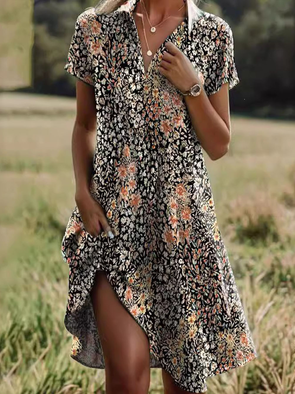 Women’s Floral Print V-Neck Summer Dress – Short Sleeve A-Line Casual Midi Dress, Lightweight Polyester, Pullover Design