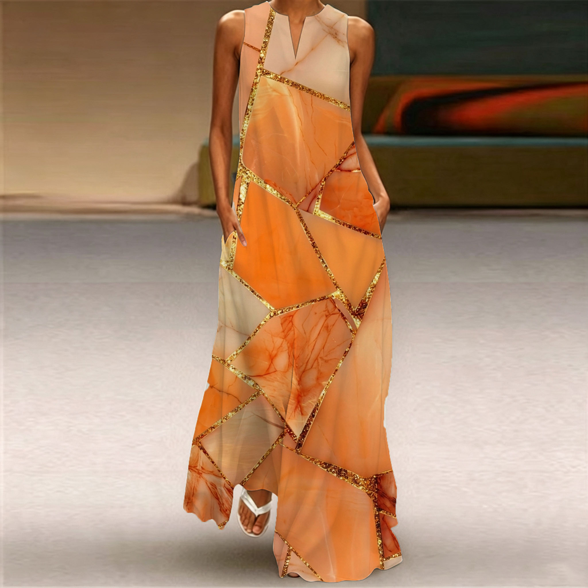 Women's Abstract Marble Print Maxi Dress – Sleeveless A-Line Long Dress with Pockets, Elegant Summer Vacation Dress