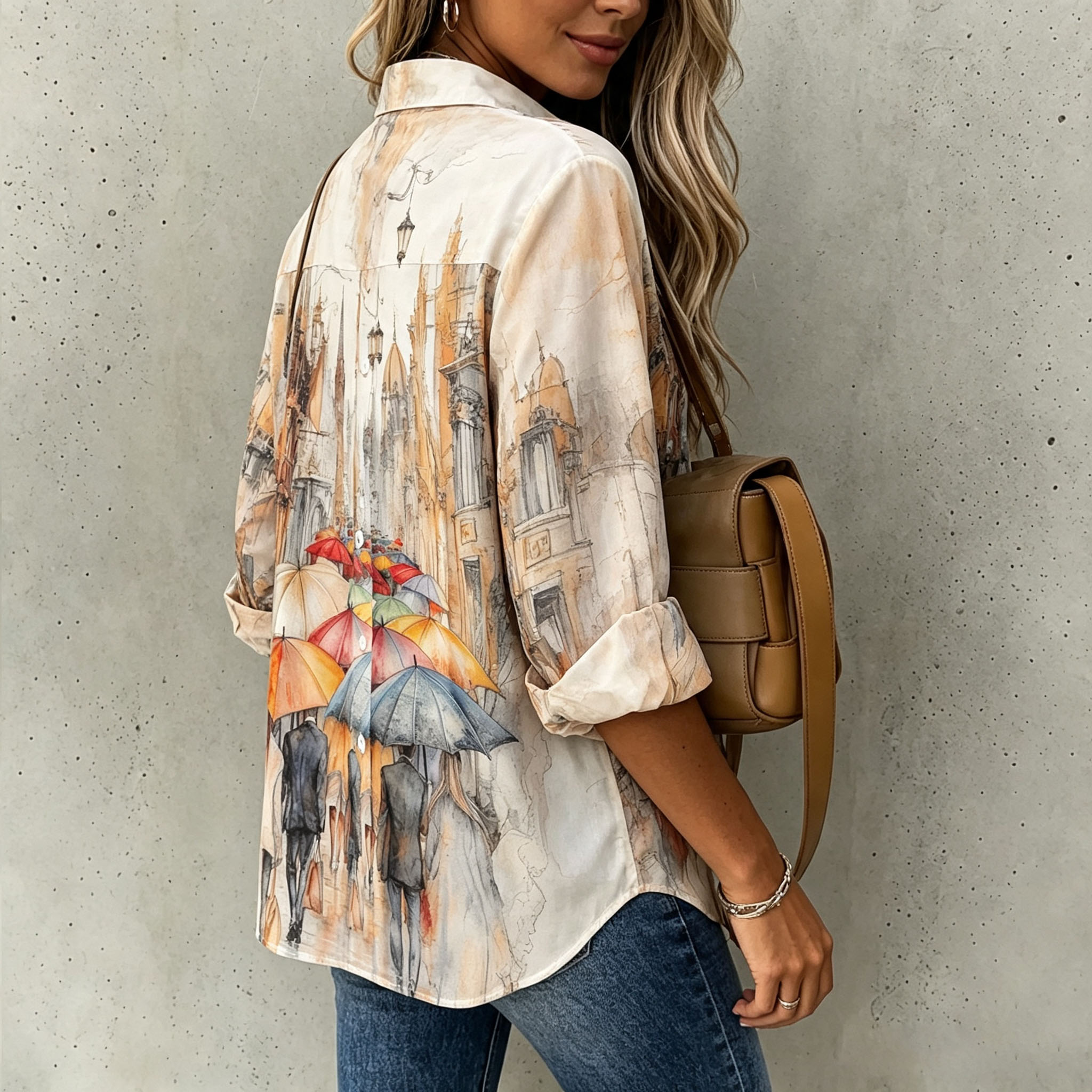 Women's Vintage Graphic Print Button Down Shirts Long Sleeve Casual Loose Blouse Tops Artistic Landscape Printed Shirt for Fall Travel Office Daily Wear