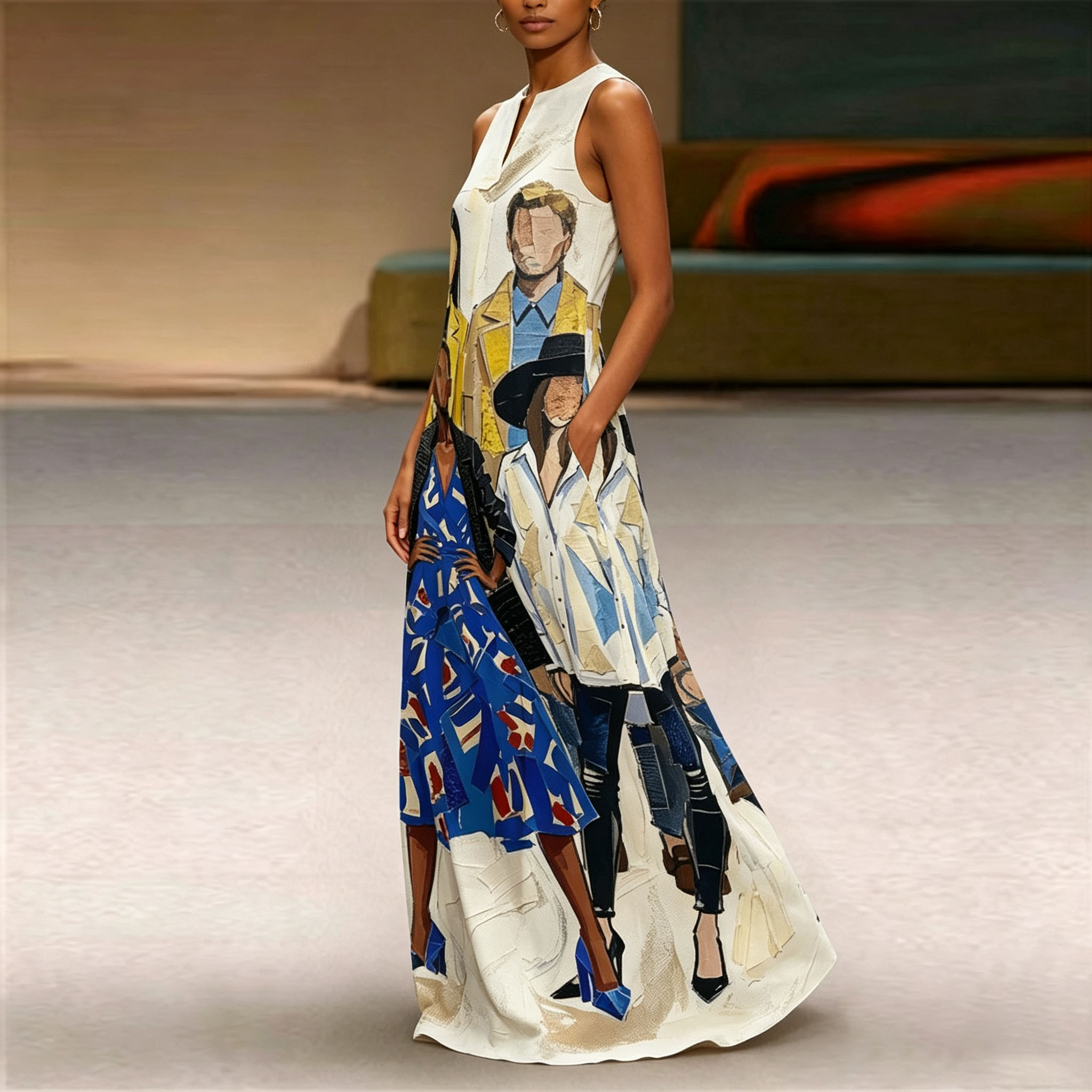Women’s Abstract Fashion Figure Print Maxi Dress, Sleeveless Loose Fit Long Dress with Pockets, Artistic Casual Summer Dress for Beach Vacation, Travel and Everyday Wear