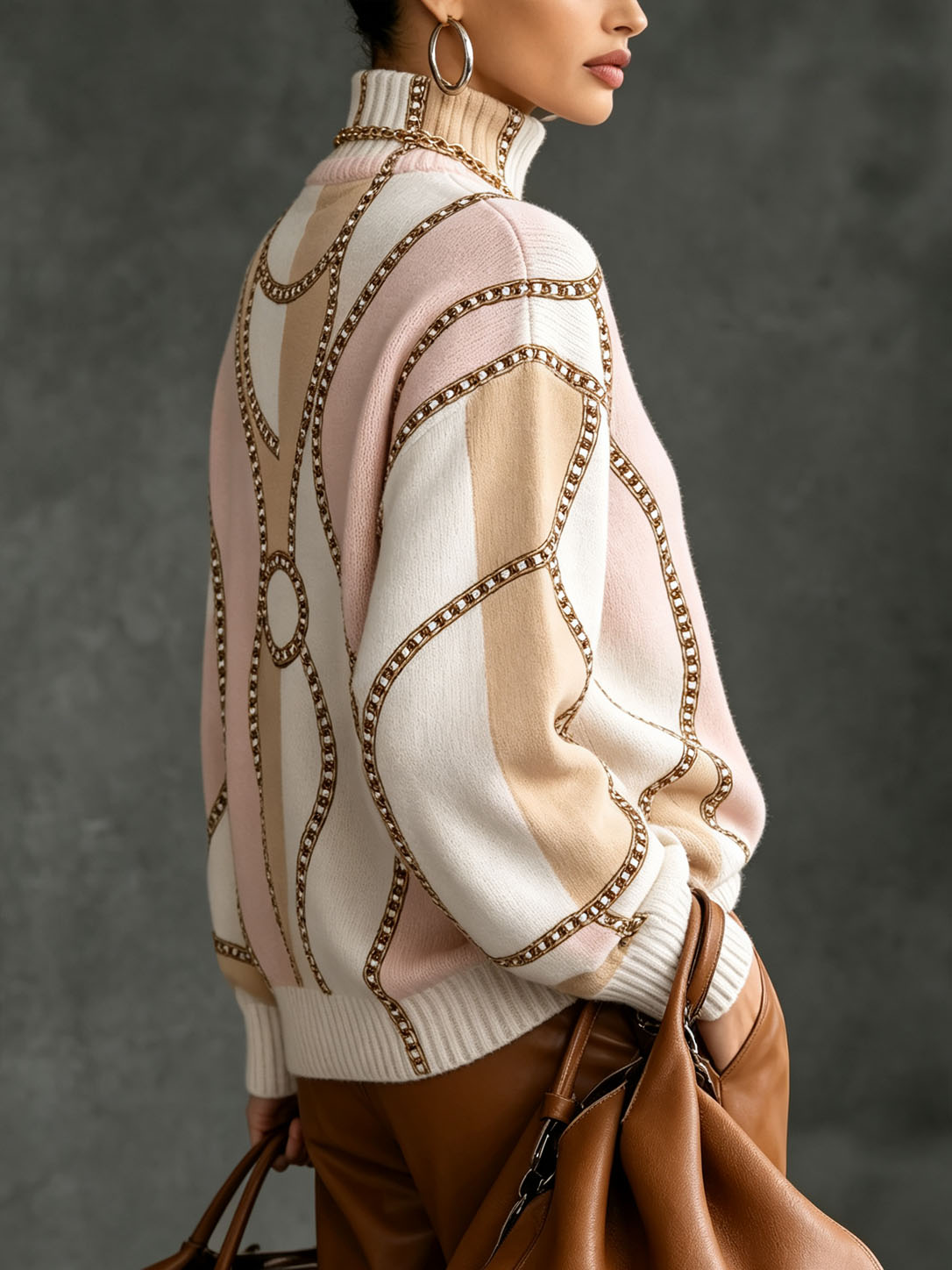 Women's Chain Print Turtleneck Sweater Long Sleeve Pullover Knit Top Elegant Loose Fit Casual Fall Winter Fashion Sweater