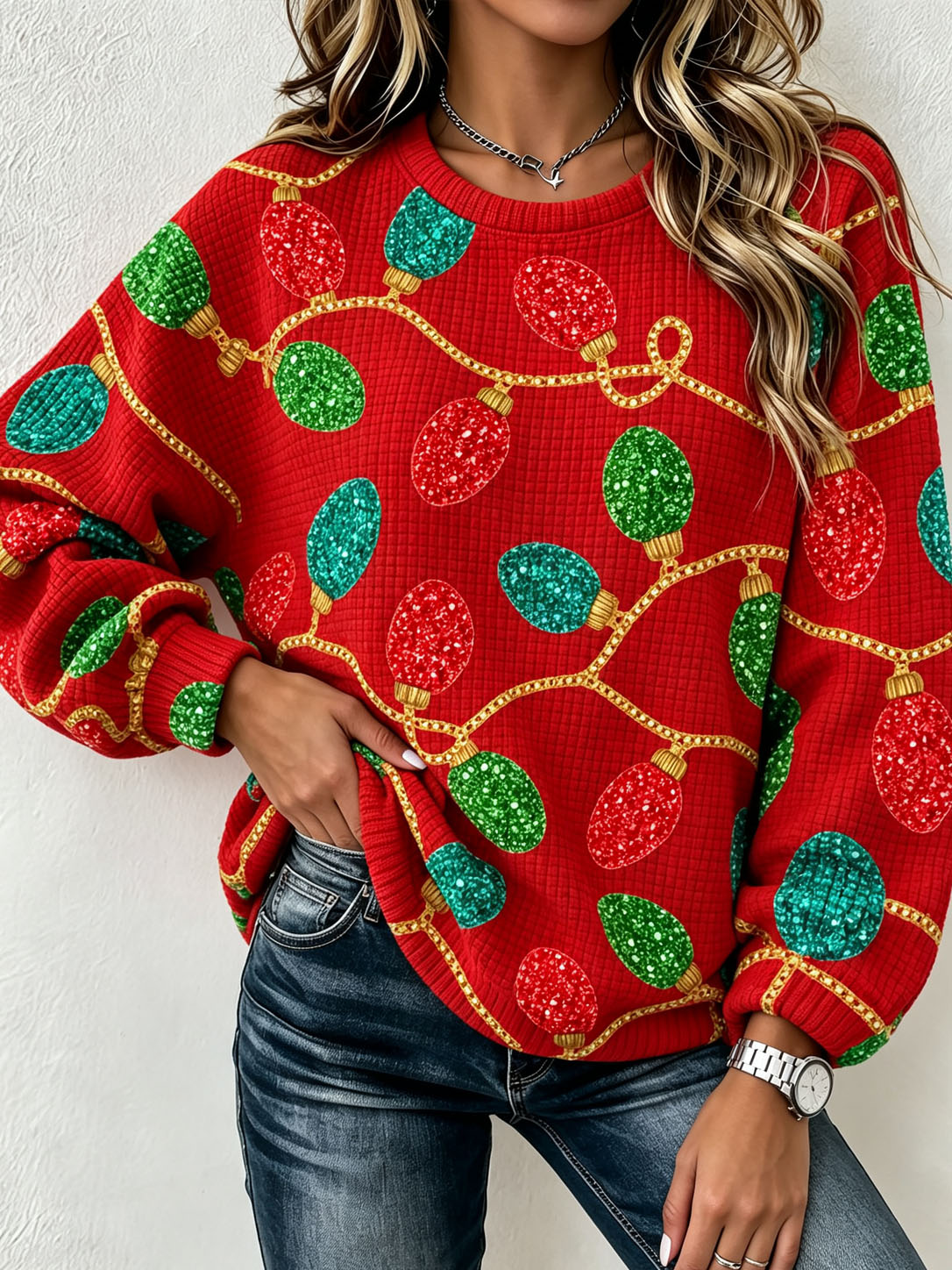 Women's Waffle Knit Crew Neck Sweatshirt, Christmas Light Bulb Print Long Sleeve Loose Casual Pullover Tops  >