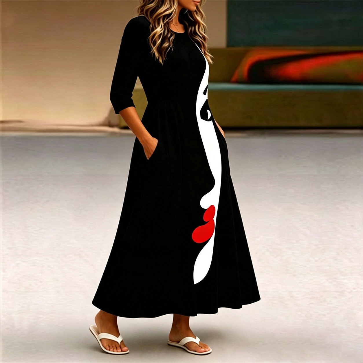 Women's Abstract Face Print Midi Dress – Elegant Long Sleeve Casual A-Line Dress with Pockets